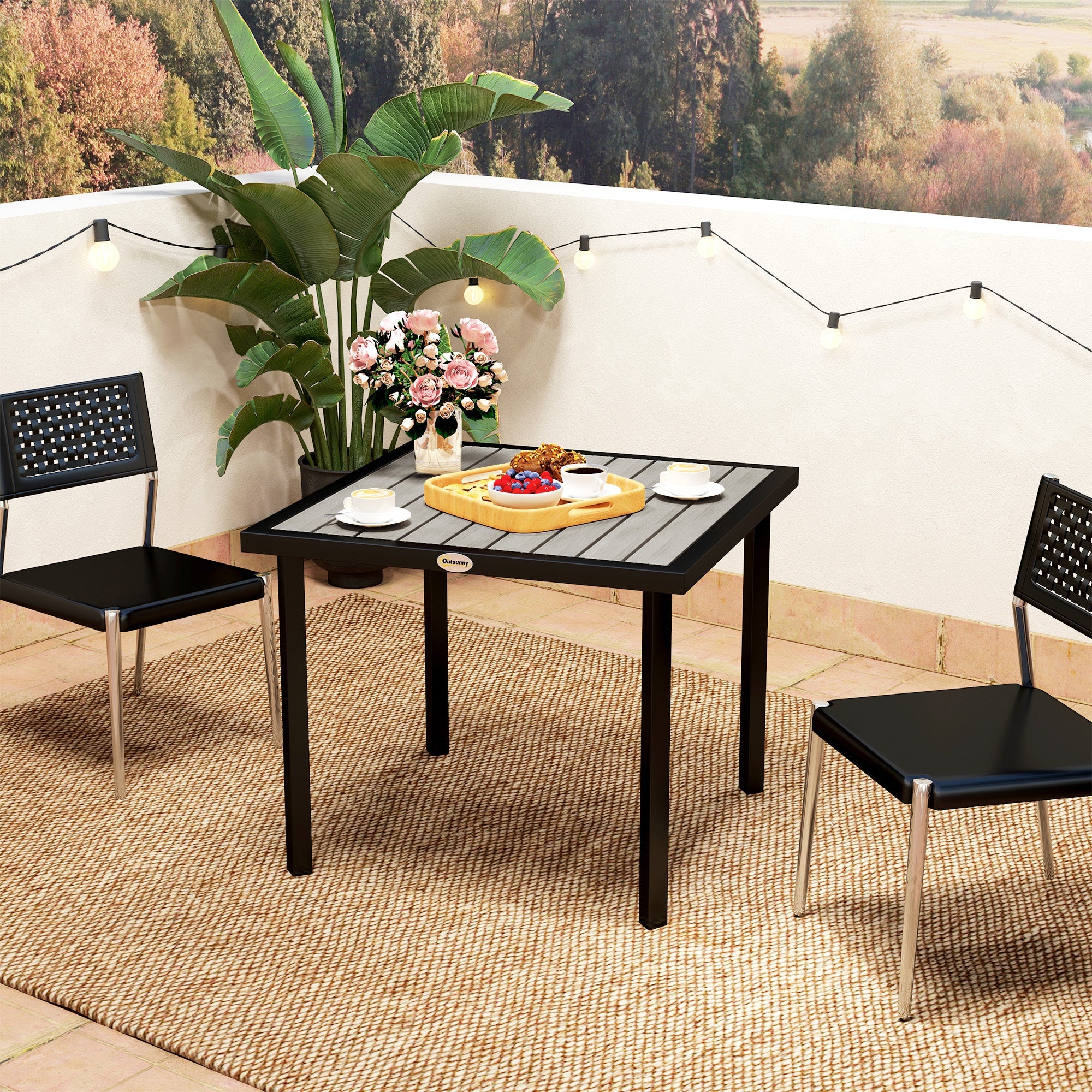 Outsunny Square Garden Dining Table with 5.4cm Parasol Hole, Slatted Top, Metal Frame, 86 x 86 x 71 cm, Light Grey