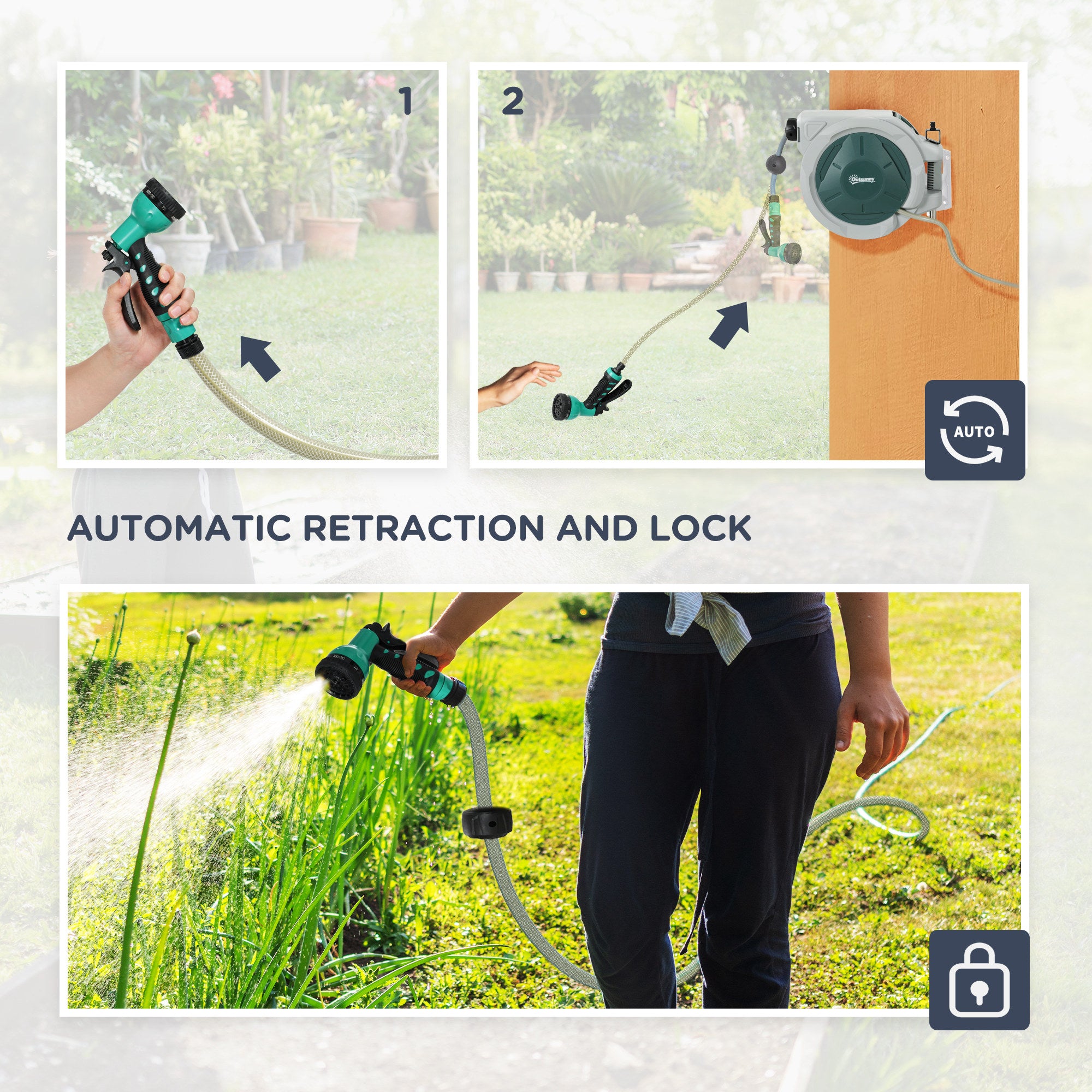 Outsunny Retractable Hose Reel Wall Mounted, 30+2m Garden Hose Pipe Reel with Lock, Auto Rewind, 7 in 1 Spray Nozzle, Includes Wall Fixings, 180\'c2\'b0 Swivel, Outdoor Watering, Grey