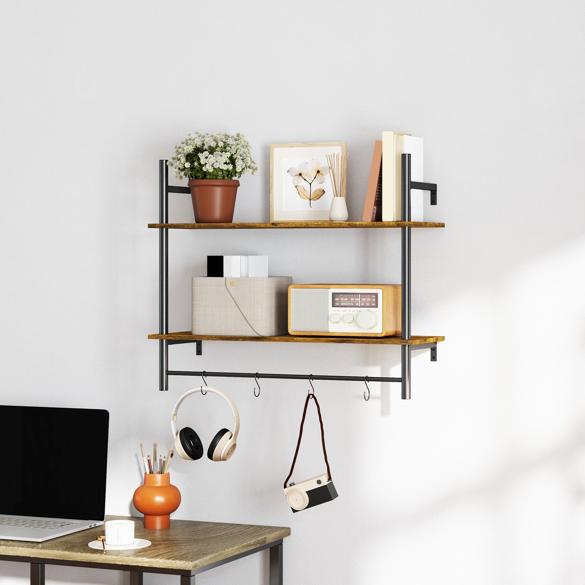 HOMCOM Wall Mounted Floating Shelves with 4 Hooks, Rustic Wall Shelf Unit for Living Room, Entryway, Rustic Brown