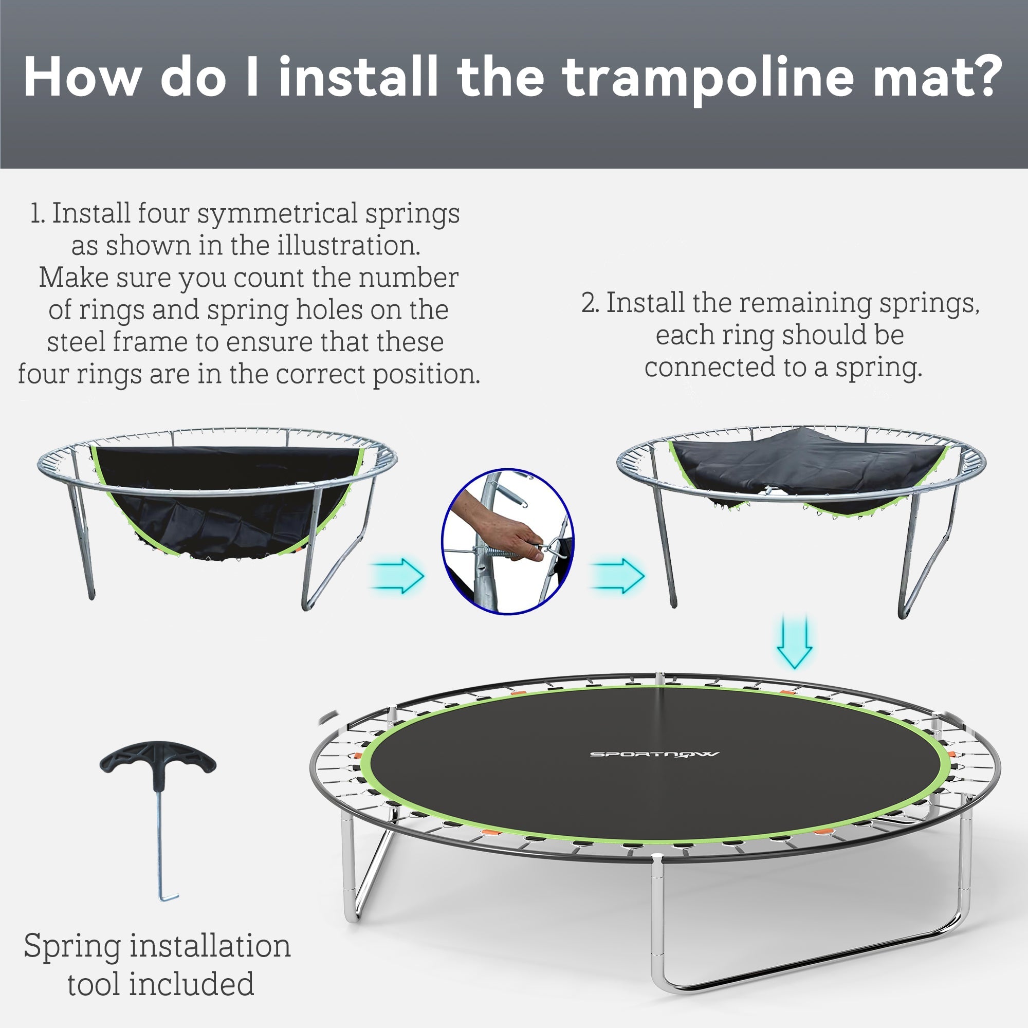 SPORTNOW Trampoline Replacement Mat with Spring Pull Tool, 54 V-Hooks, for 10ft Trampoline using 14cm Springs, Green