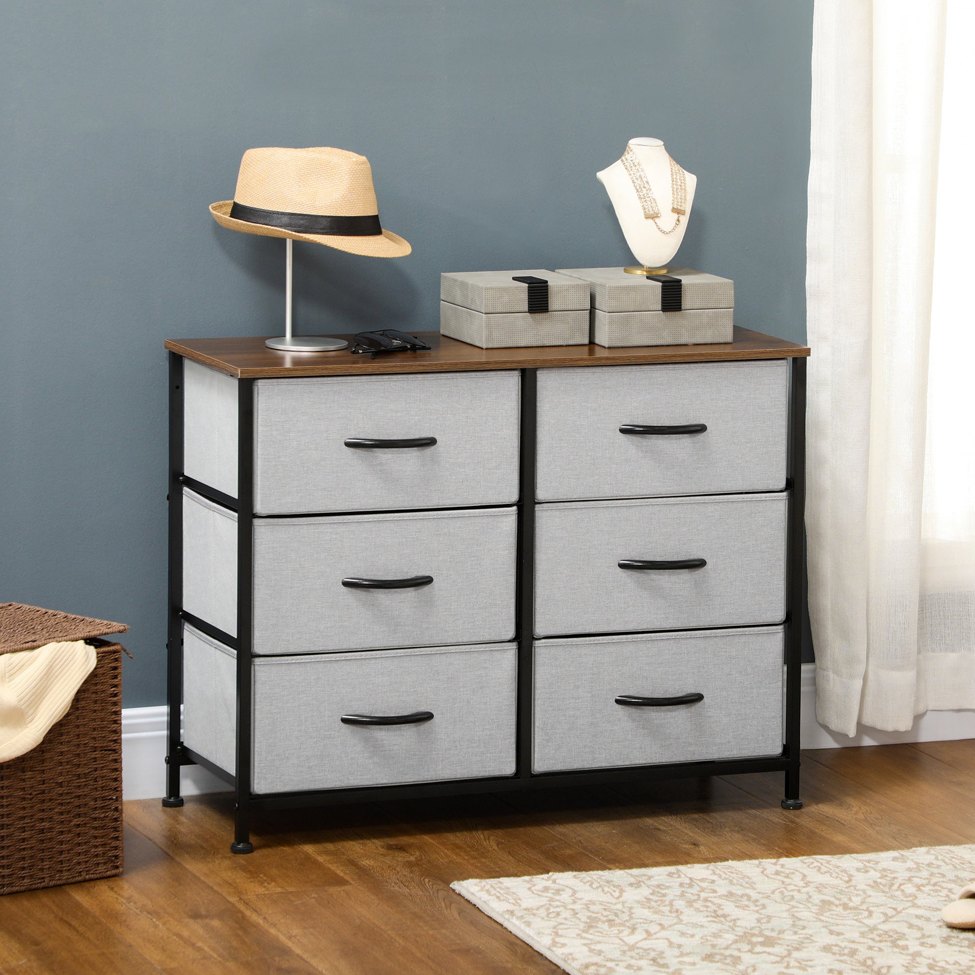 HOMCOM Fabric Chest of Drawers, Industrial Storage Bedroom Dresser with 6 Fabric Drawers, Steel Frame and Wooden Top for Nursery, Living Room, Hallway, Grey