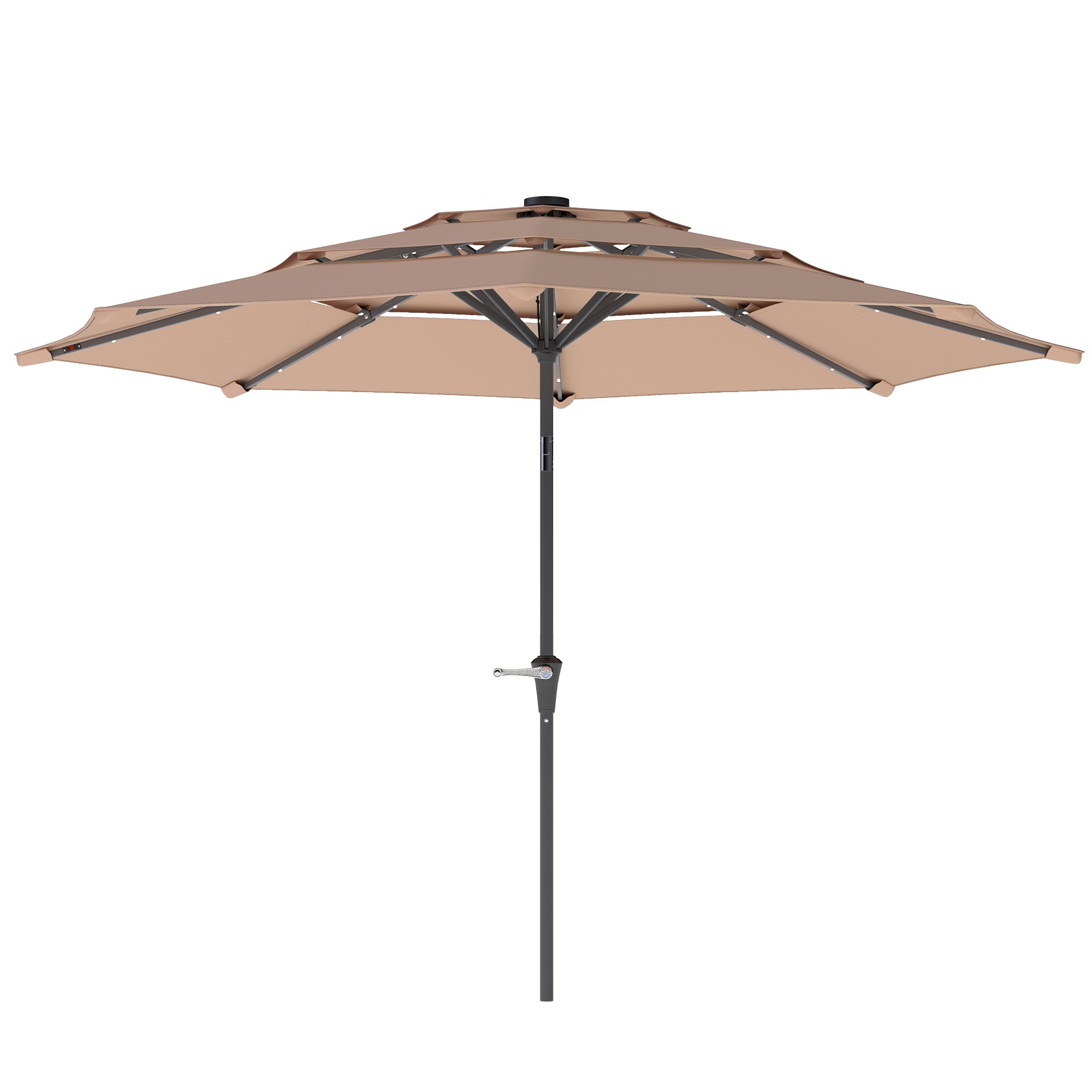 Outsunny 3-Tier Garden Parasol with Solar LED Lights, UPF 30+, Tilt Mechanism & Crank Handle, for Market Terrace, Khaki
