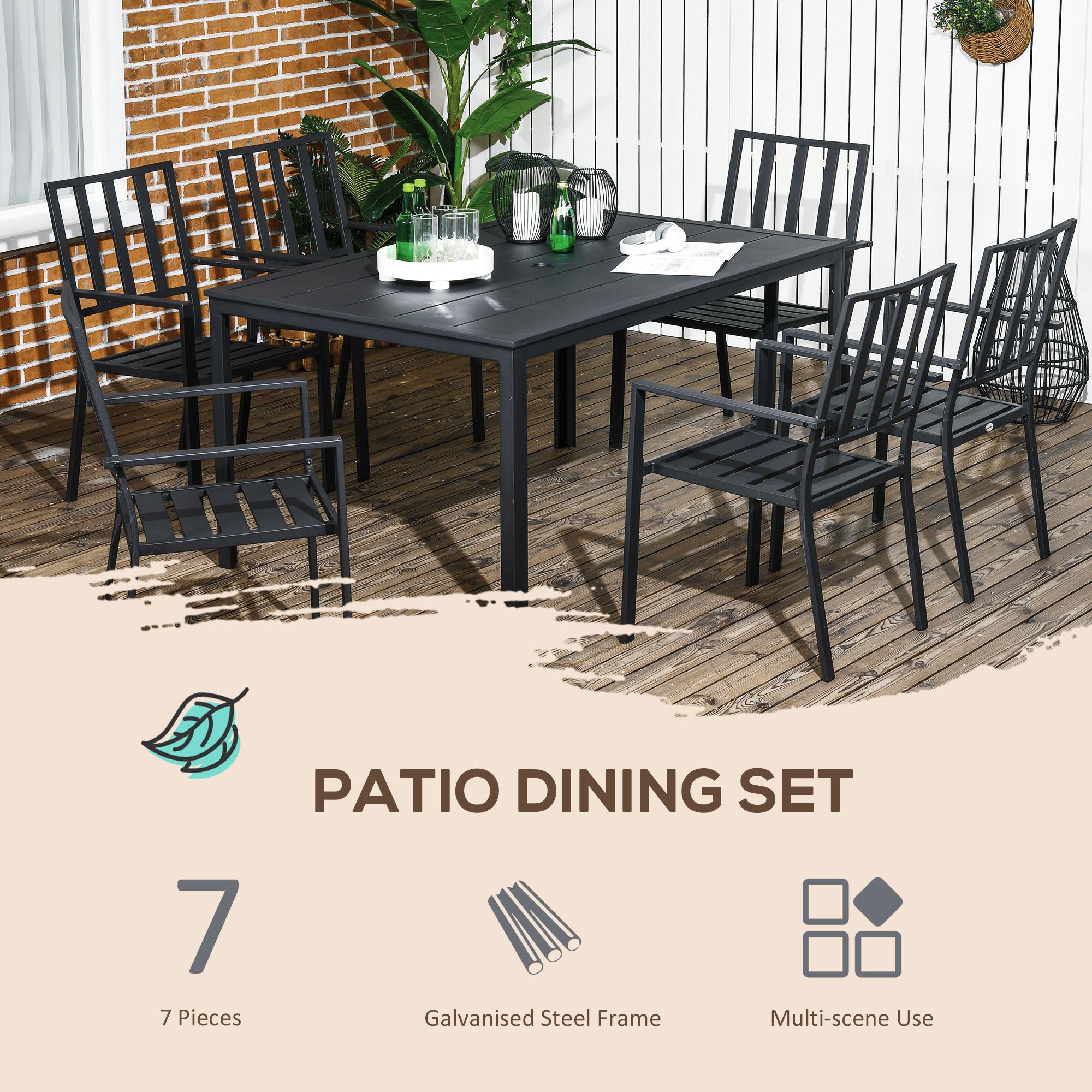 Outsunny Seven-Piece Minimal Metal Garden Dining Set, with Parasol Hole - Black