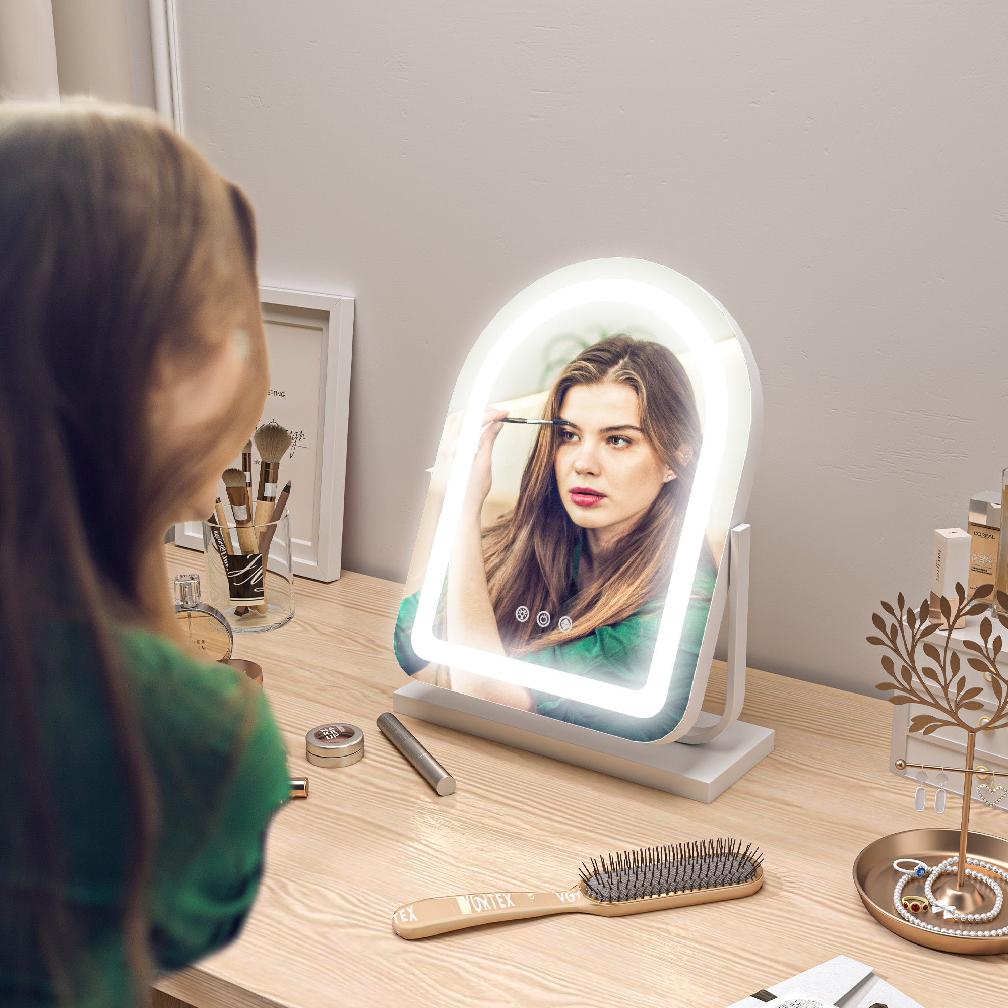 HOMCOM LED Vanity Mirror with Lights, 33 x 44.5cm Lighted Makeup Mirror with 3 Colour, 360\'c2\'b0 Rotation, Touch Screen, for Bedroom and Dressing Room, White