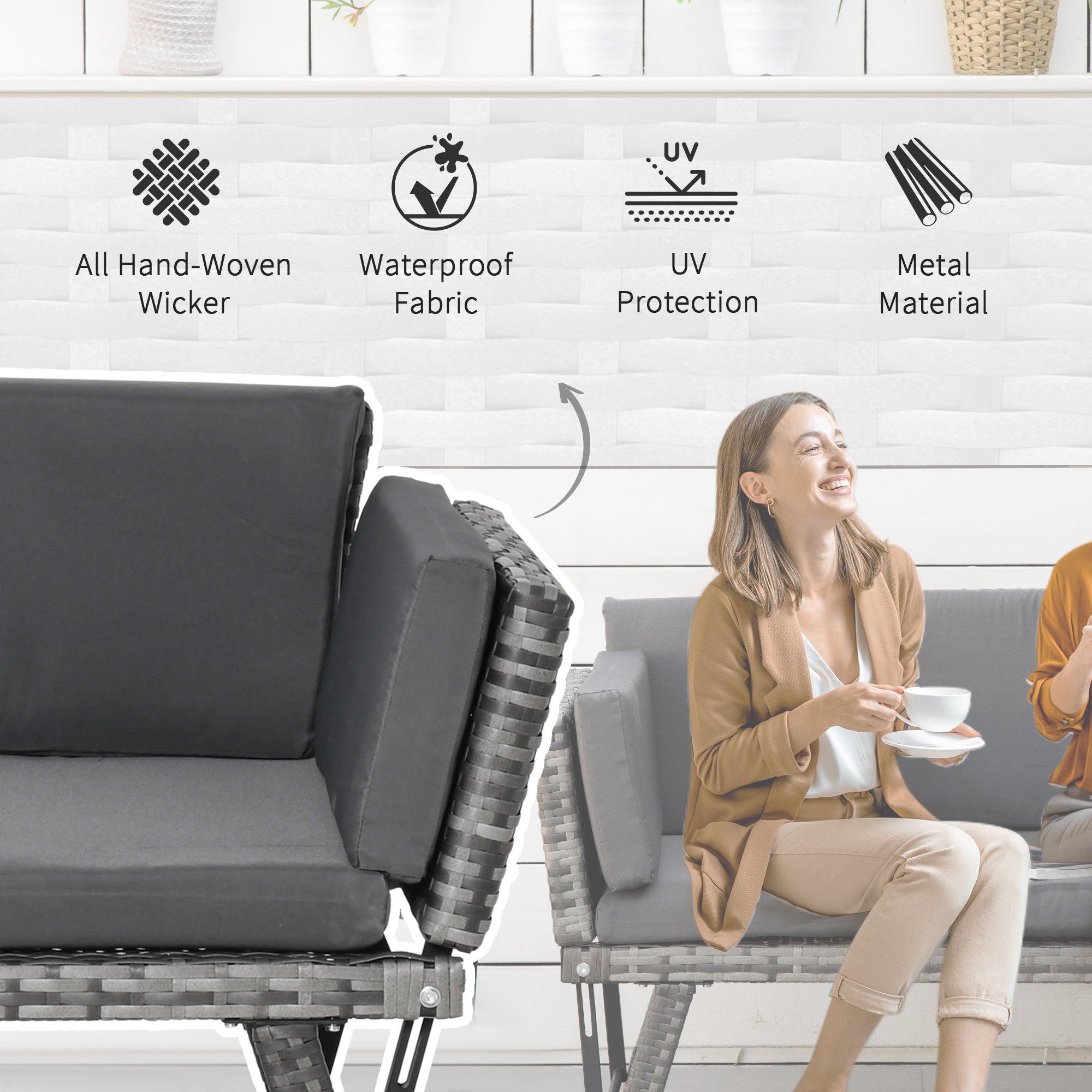 Outsunny 2 Seater Rattan Sofa with Cushions, 2-in-1 PE Rattan Daybed Sofa with Left Up or Down Armrests, Garden Chaise Lounger Loveseat for Outdoor, Patio, Mixed Grey