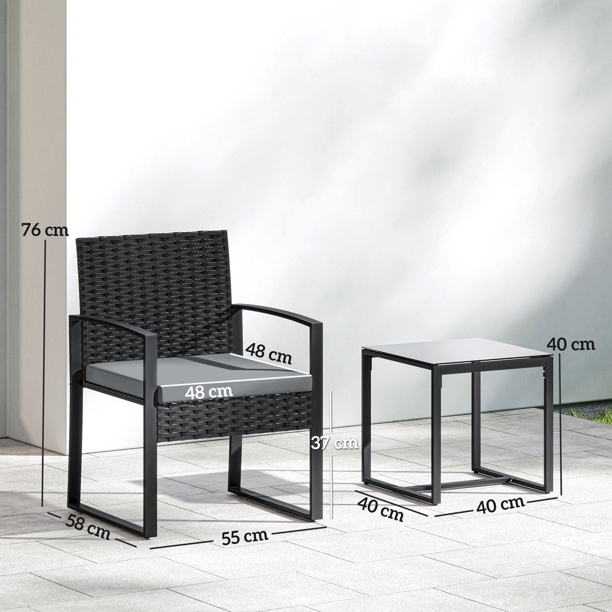 Outsunny Rattan Bistro Set, 3 Piece Garden Furniture Set with Glass Top Table and Cushions, Light Grey