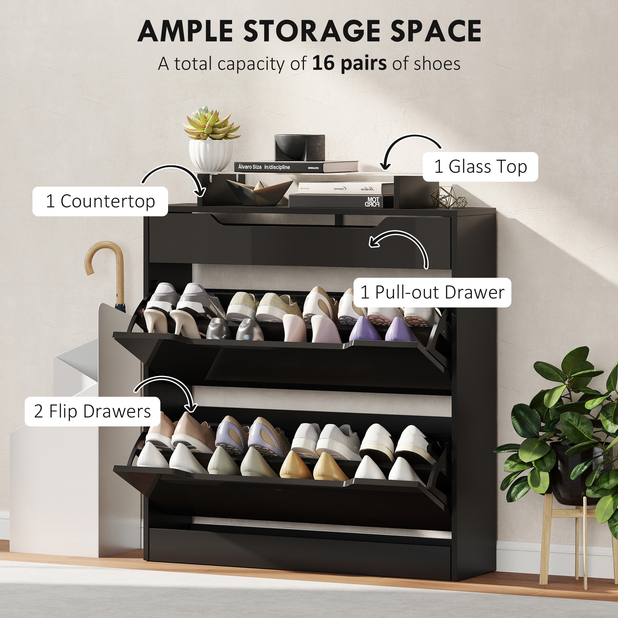 HOMCOM Shoe Storage Cabinet with Slide Out Drawer, 2 Flip Doors, Tempered Glass Top - Black