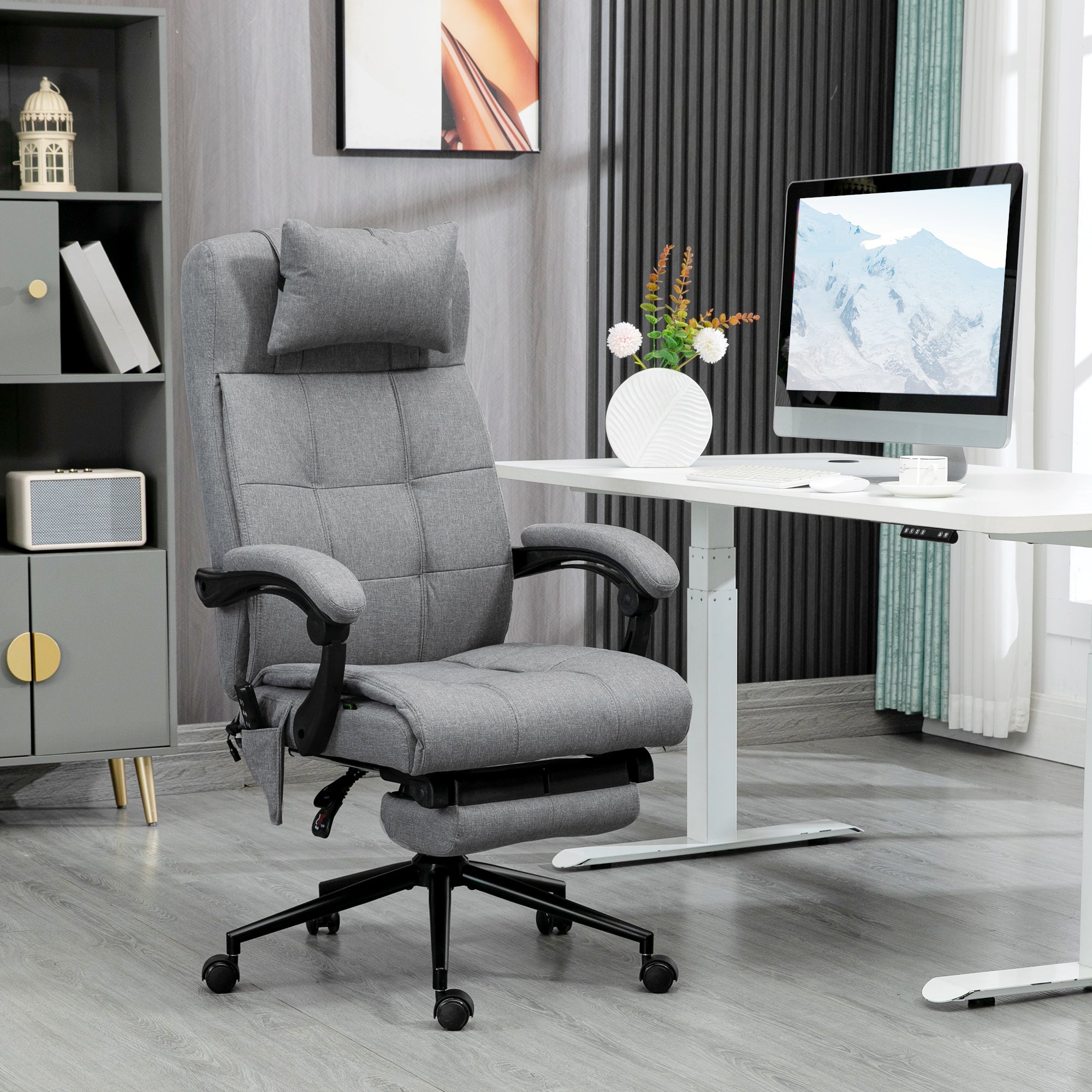 Vinsetto Office Chair, 6 Point Massage Desk Chair, Computer Chair with Footrest & Head Pillow, 360\'c2\'b0 Swivel Recliner Chair for Home Office, Grey
