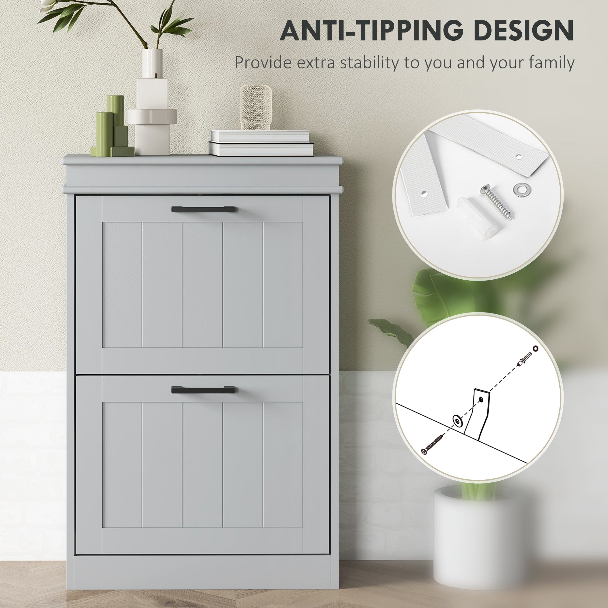 HOMCOM Two-Drawer Minimalistic Shoe Storage Cabinet, for 10 Shoes, Grey