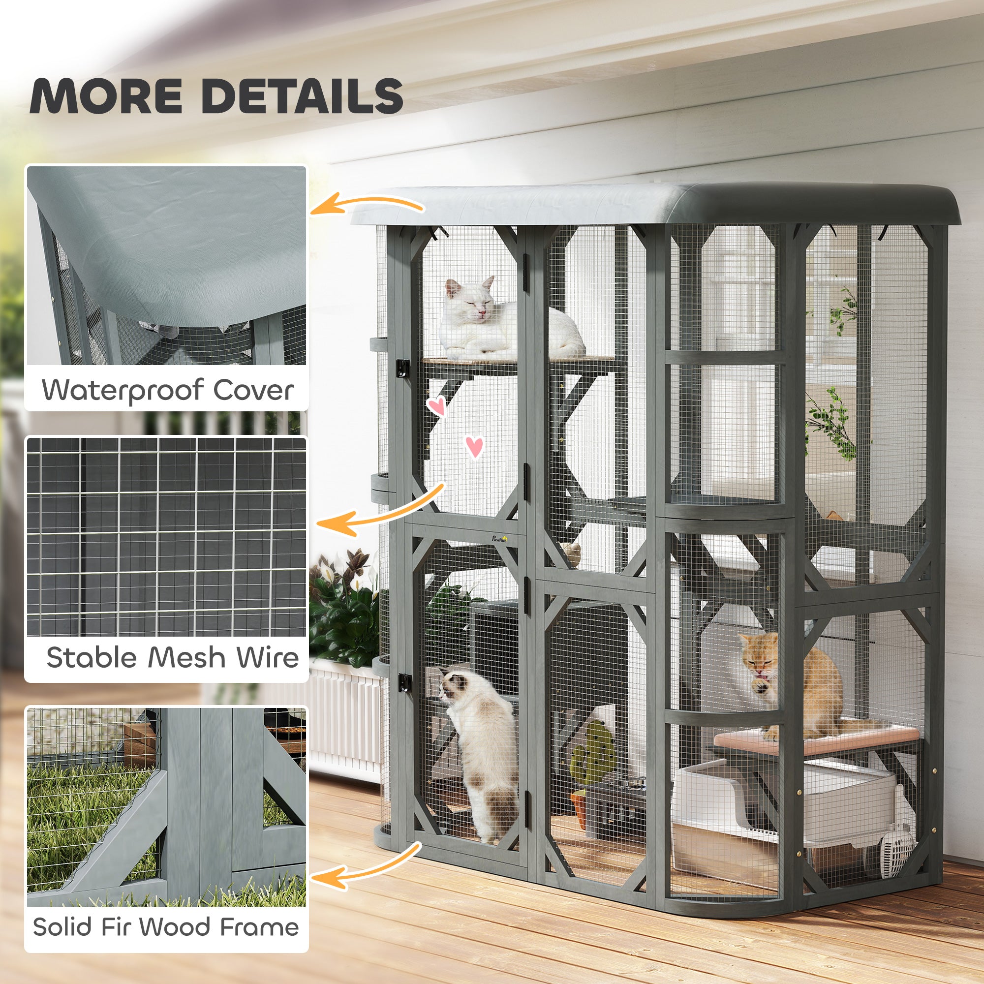 PawHut Catio Outdoor Cat Enclosure, Wooden Cat House with Platforms, Condo and Waterproof Cover for 2–3 Kittens, Grey