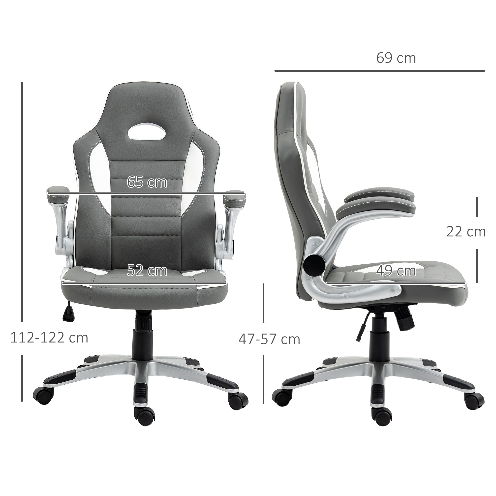 Vinsetto Computer Gaming Chair, Office Desk Swivel Chair, PU Leather Racing Chair with 90\'c2\'b0 Flip-up Armrest, Adjustable Height and Rolling Wheels, Grey