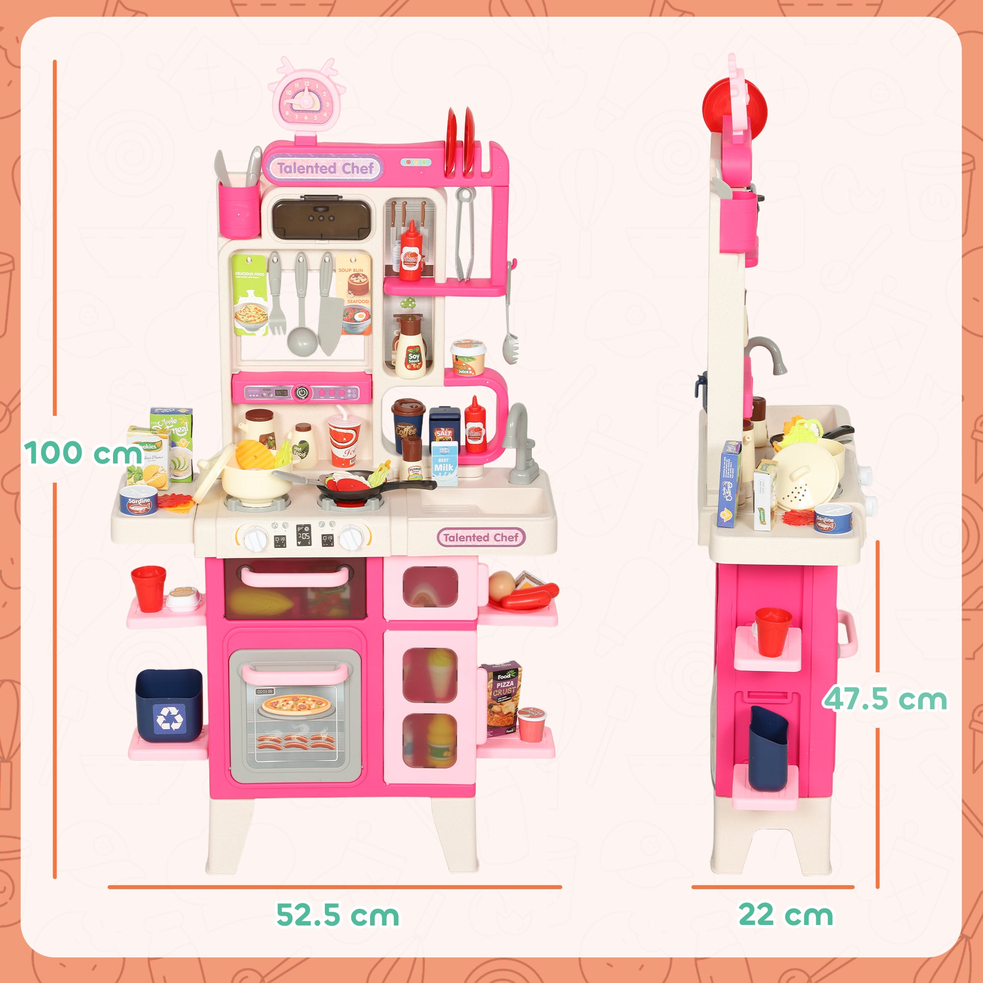AIYAPLAY Pretend Play Kitchen Set with Realistic Lights & Sounds, 104PCS Toy Kitchen Accessories for Boys and Girls, Pink