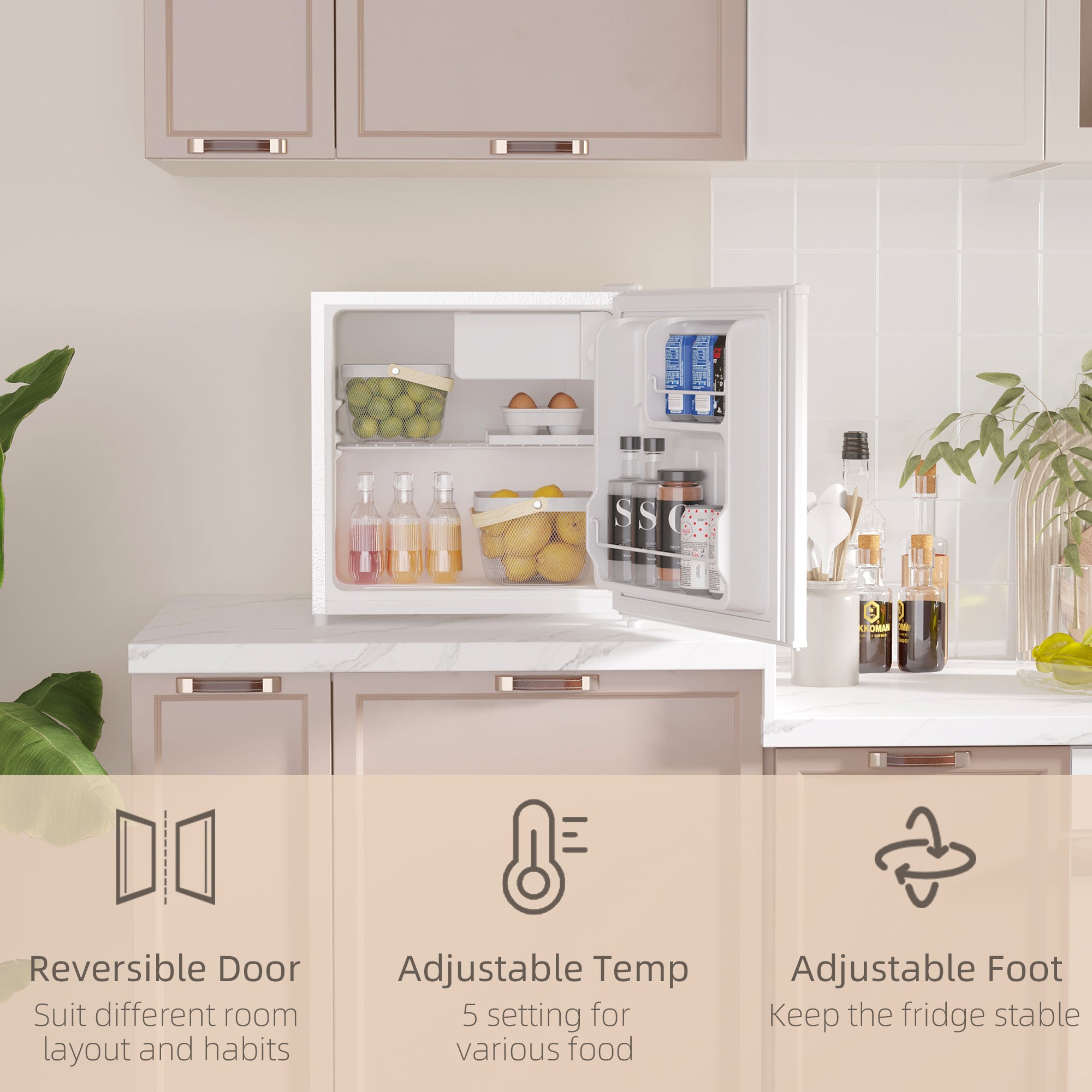HOMCOM 46 Litre Table Top Mini Fridge, Small Fridge with Ice Box, Reversible Door, Adjustable Temperature and Legs for Bedrooms, Home Office, Cream