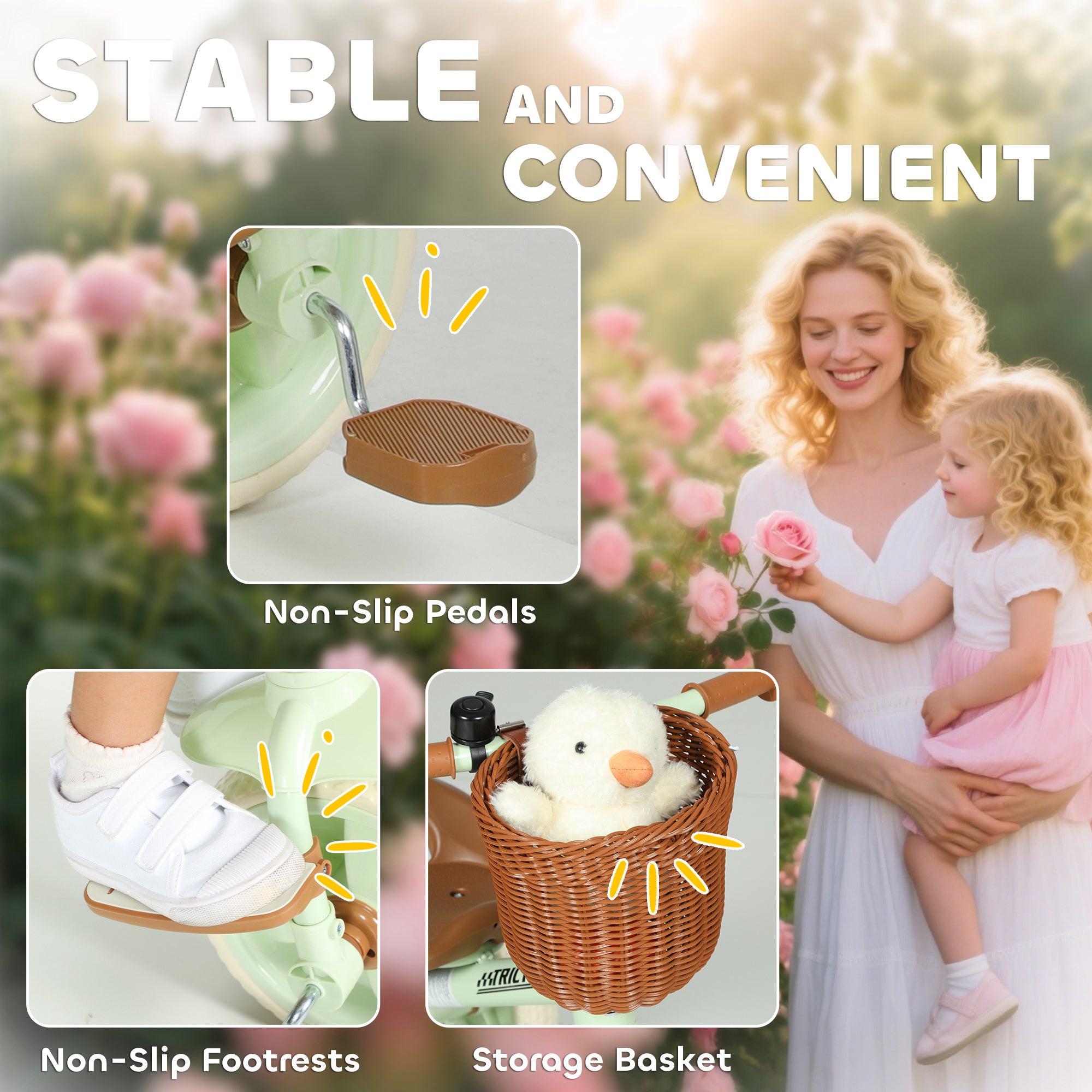 AIYAPLAY 2-In-1 Toddler Trike for 2-5 Years Old, 3 Wheel Bike with Adjustable Parent Handle, Basket for Boys and Girls, Green