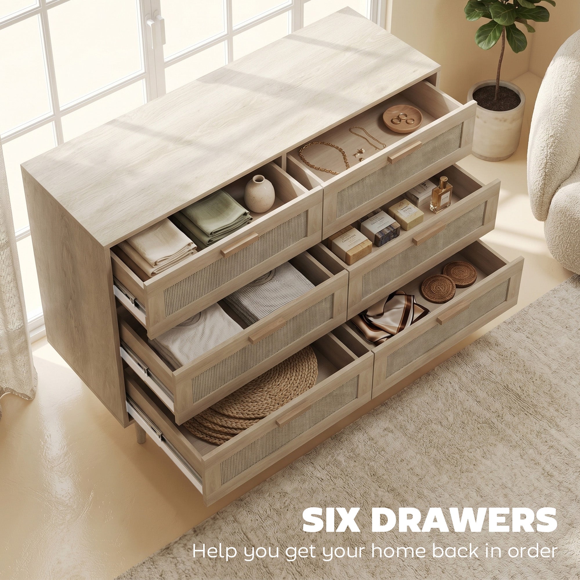 HOMCOM Chest of Drawers, 6-Drawer Dresser, Tall Storage Drawer Unit with Rattan Element for Bedroom, Living Room, Oak