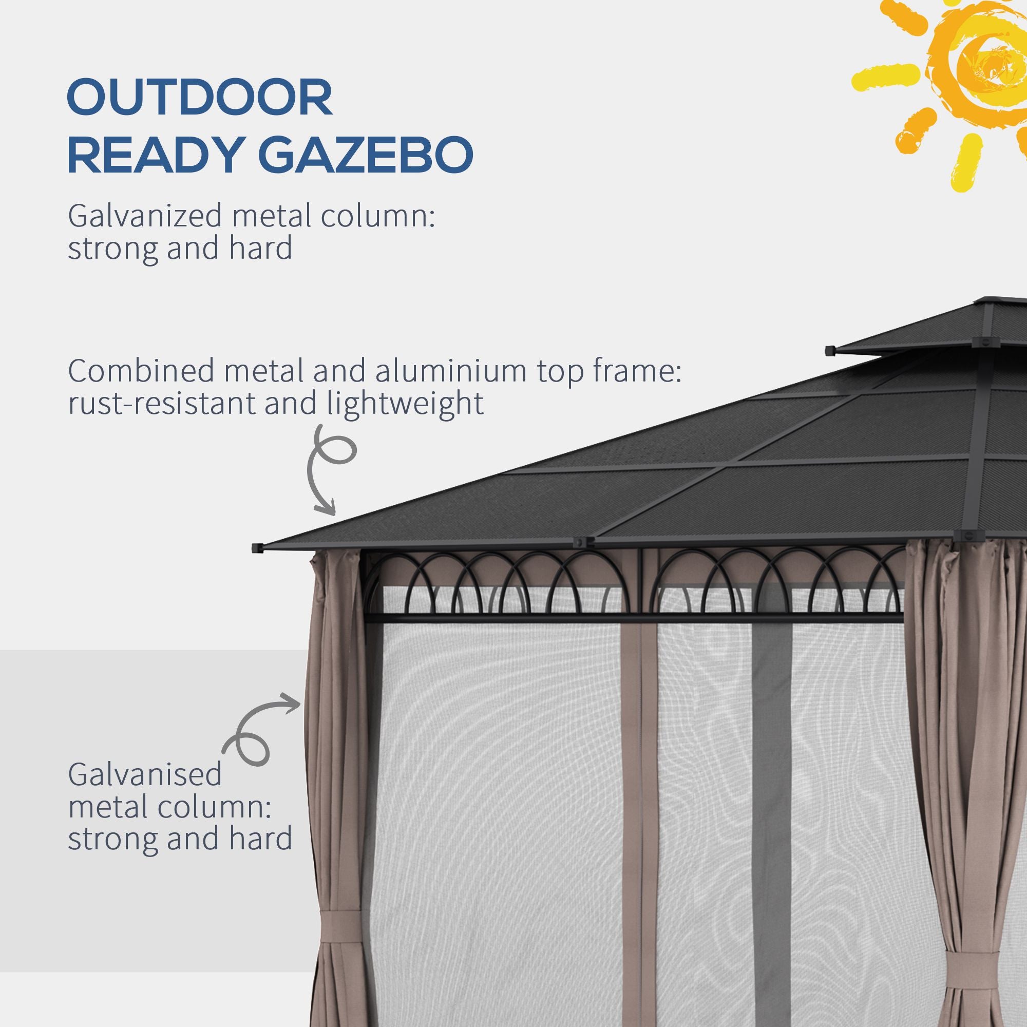 Outsunny 3.6 x 3 (m) Outdoor Polycarbonate Gazebo, Double\'c2\'a0Roof Hard Top Gazebo with Nettings\'c2\'a0&\'c2\'a0Curtains for Garden, Lawn, Patio