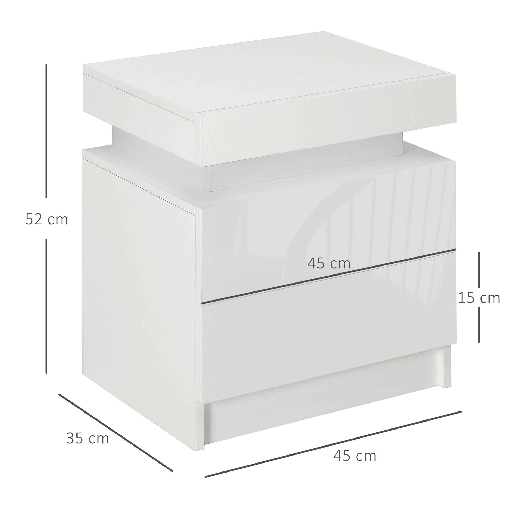 HOMCOM Set of 2 White Bedside Tables with LED Lights, High Gloss Front Nightstands with 4 Drawers