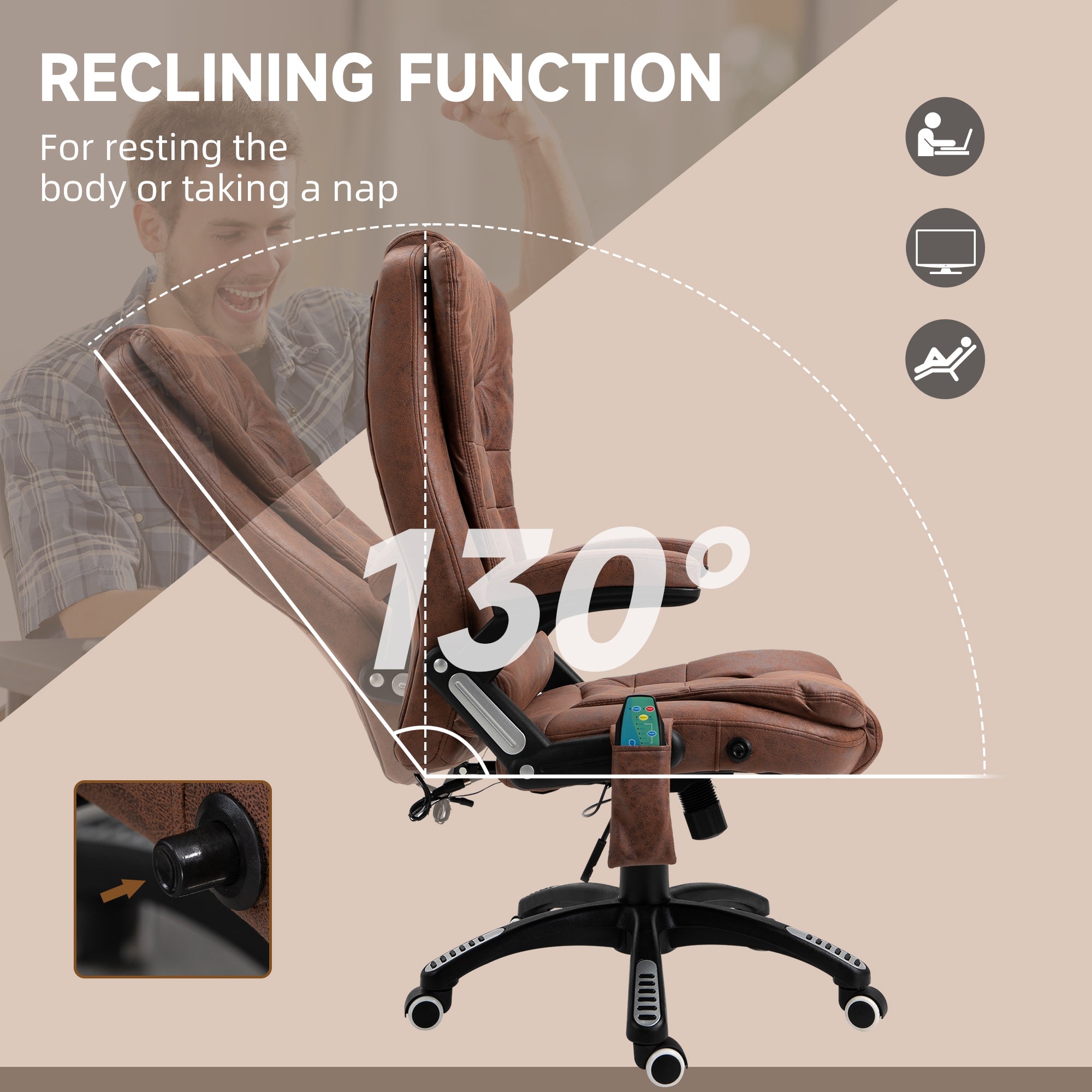 Vinsetto Massage Recliner Chair Heated Office Chair with Six Massage Points Microfiber Cloth 360\'c2\'b0 Swivel Wheels Brown