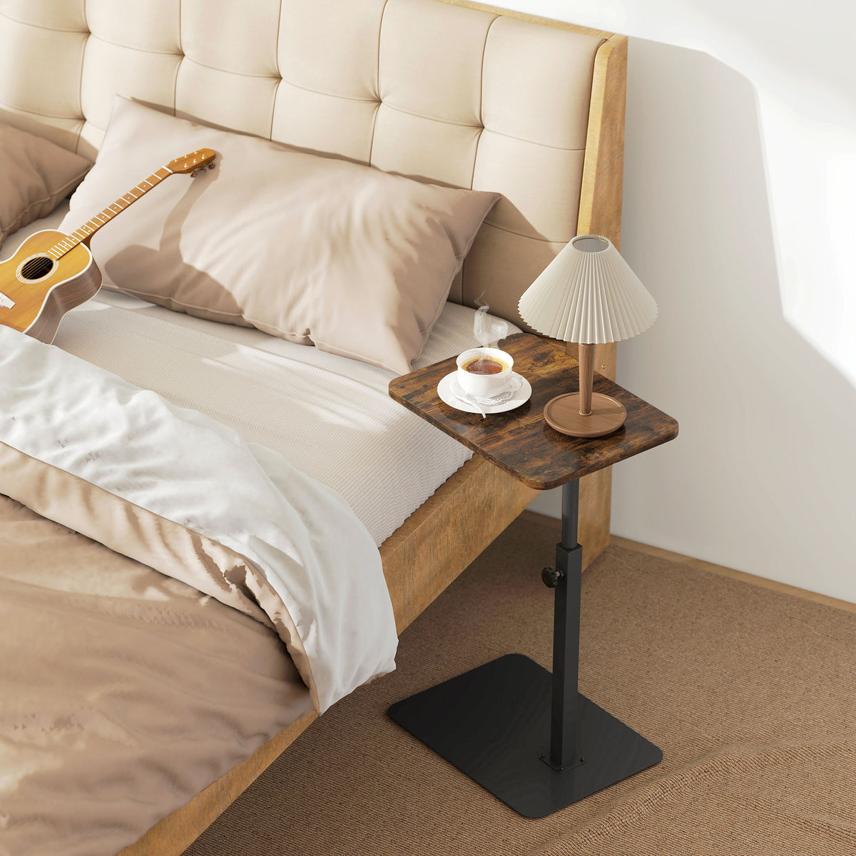 HOMCOM C Shaped Side Table, Small End Table with Adjustable Height and Metal Base for Living Room, Bedroom, Rustic Brown