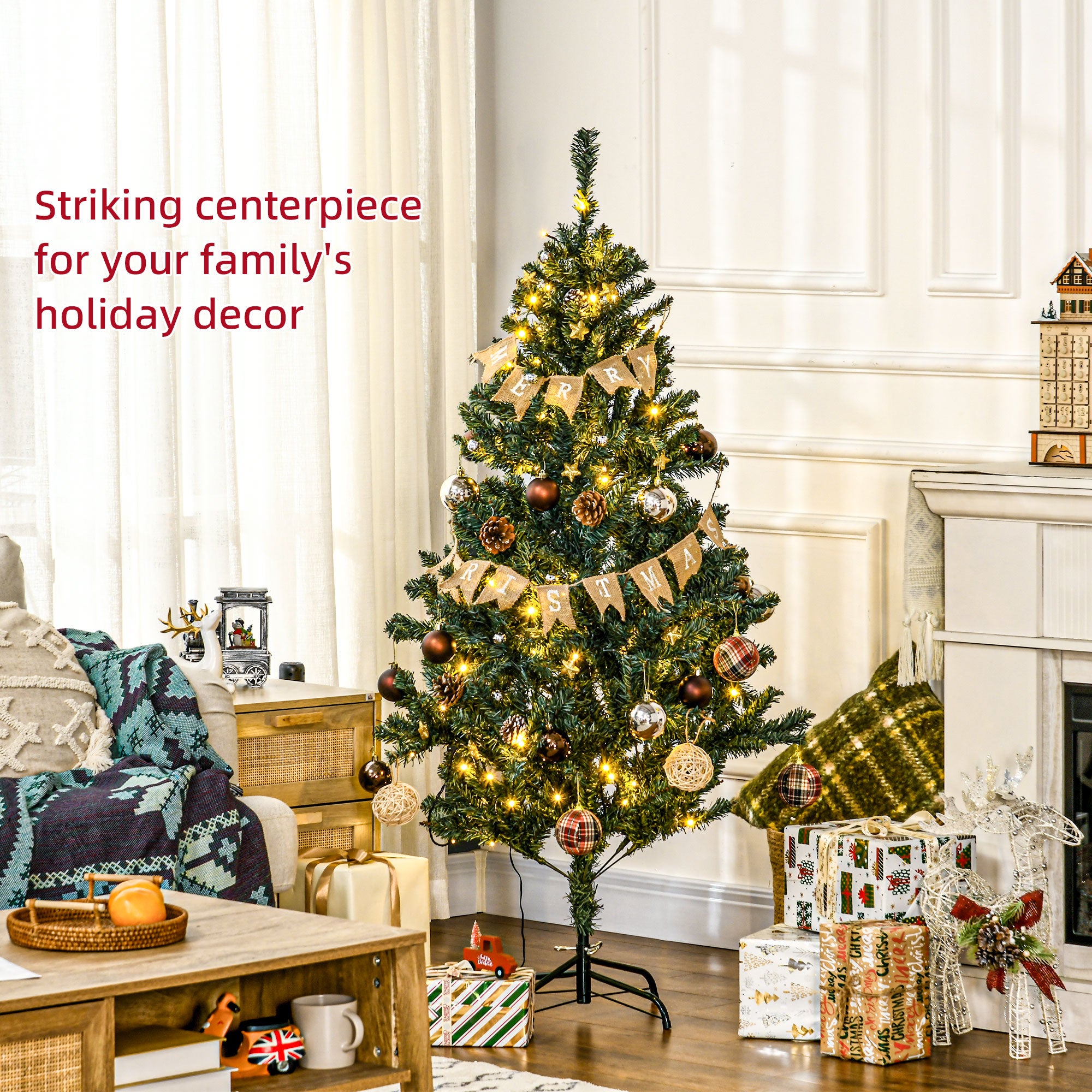 HOMCOM 5' Artificial Prelit Christmas Trees Holiday D\'c3\'a9cor with Warm White LED Lights, Decoration, Banner, Tag, Ball