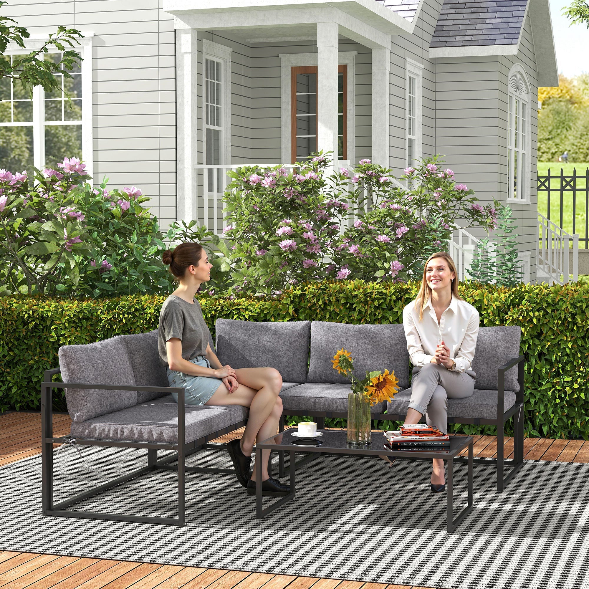 Outsunny Three-Piece L Shaped Garden Furniture Set with Cushions - Grey