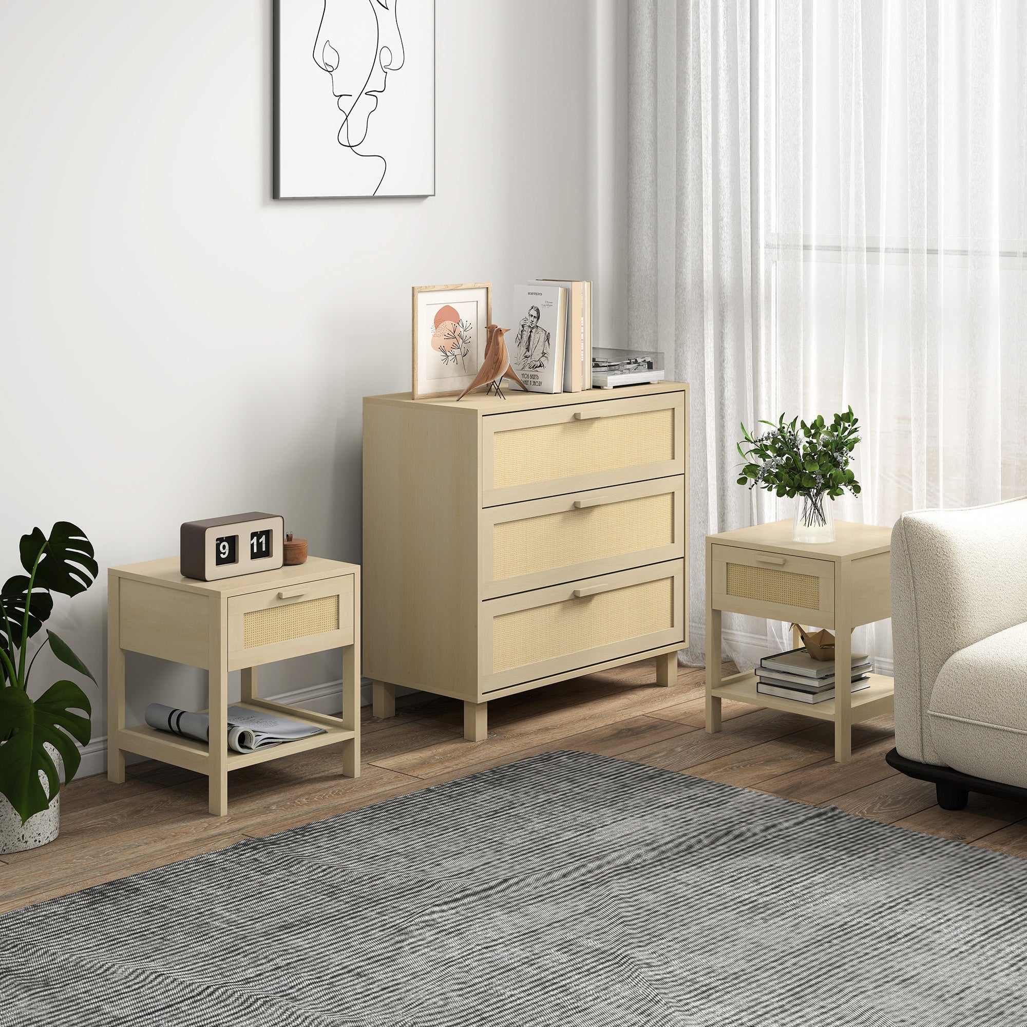 HOMCOM Chest of Drawer and Nightstands, Boho Rattan Furniture Set, Nature Wood Finish