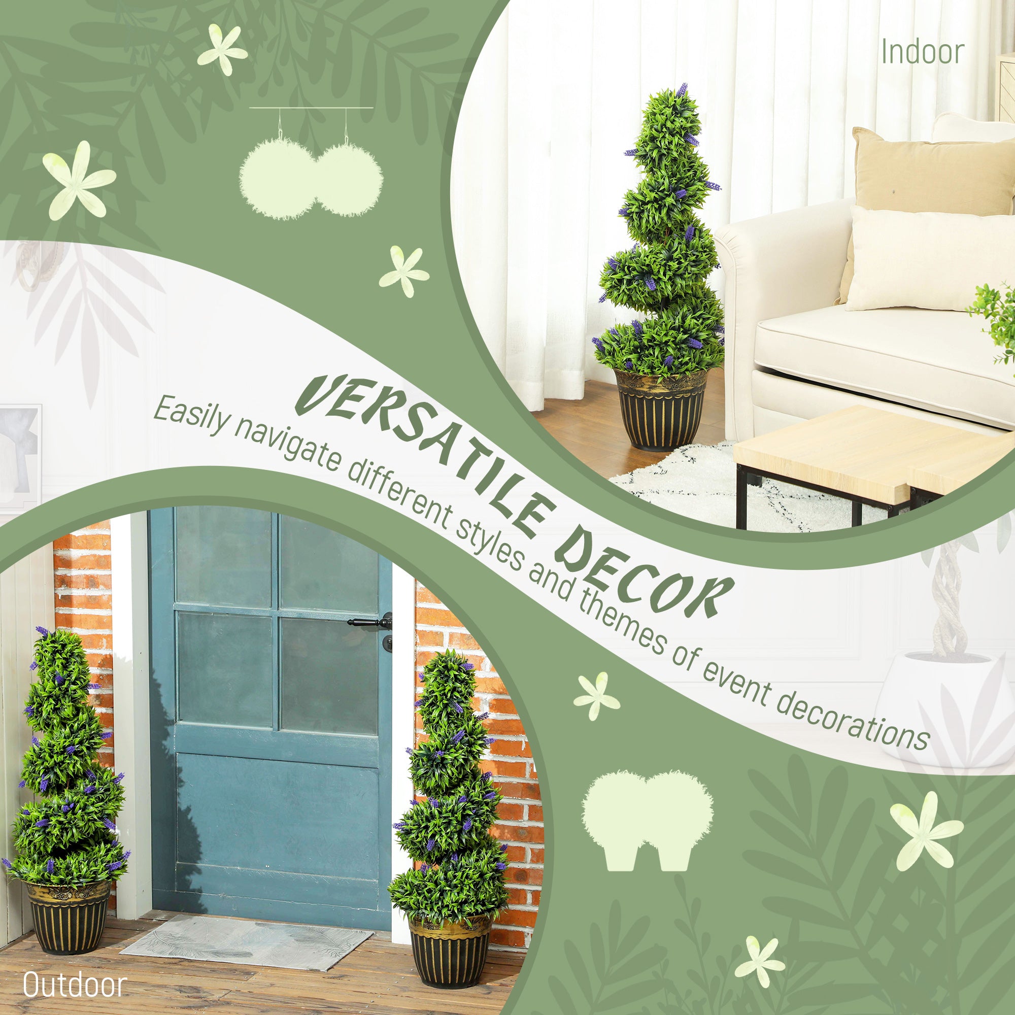 HOMCOM Set of 2 Decorative Artificial Plants, Boxwood Spiral Topiary Tree with Lavender and Pot, Fake Plants for Home Indoor Outdoor Decor, 90cm