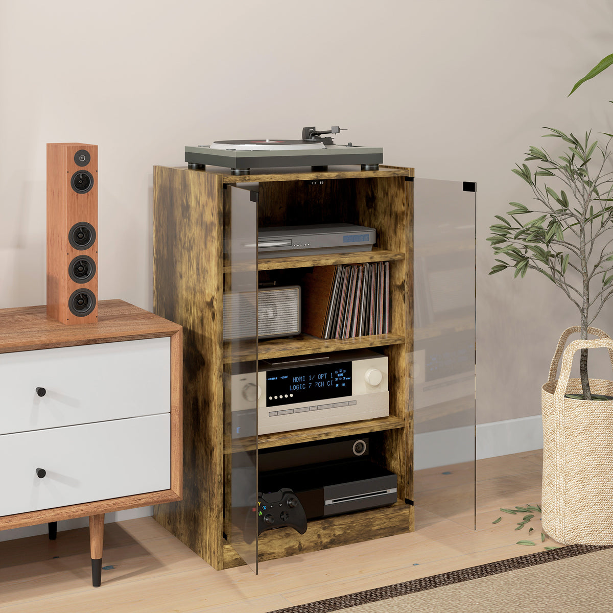 HOMCOM 4-Tier Hi-Fi Stand, Record Player Stand with Adjustable Shelves and Push-to-Open Glass Doors, Rustic Brown