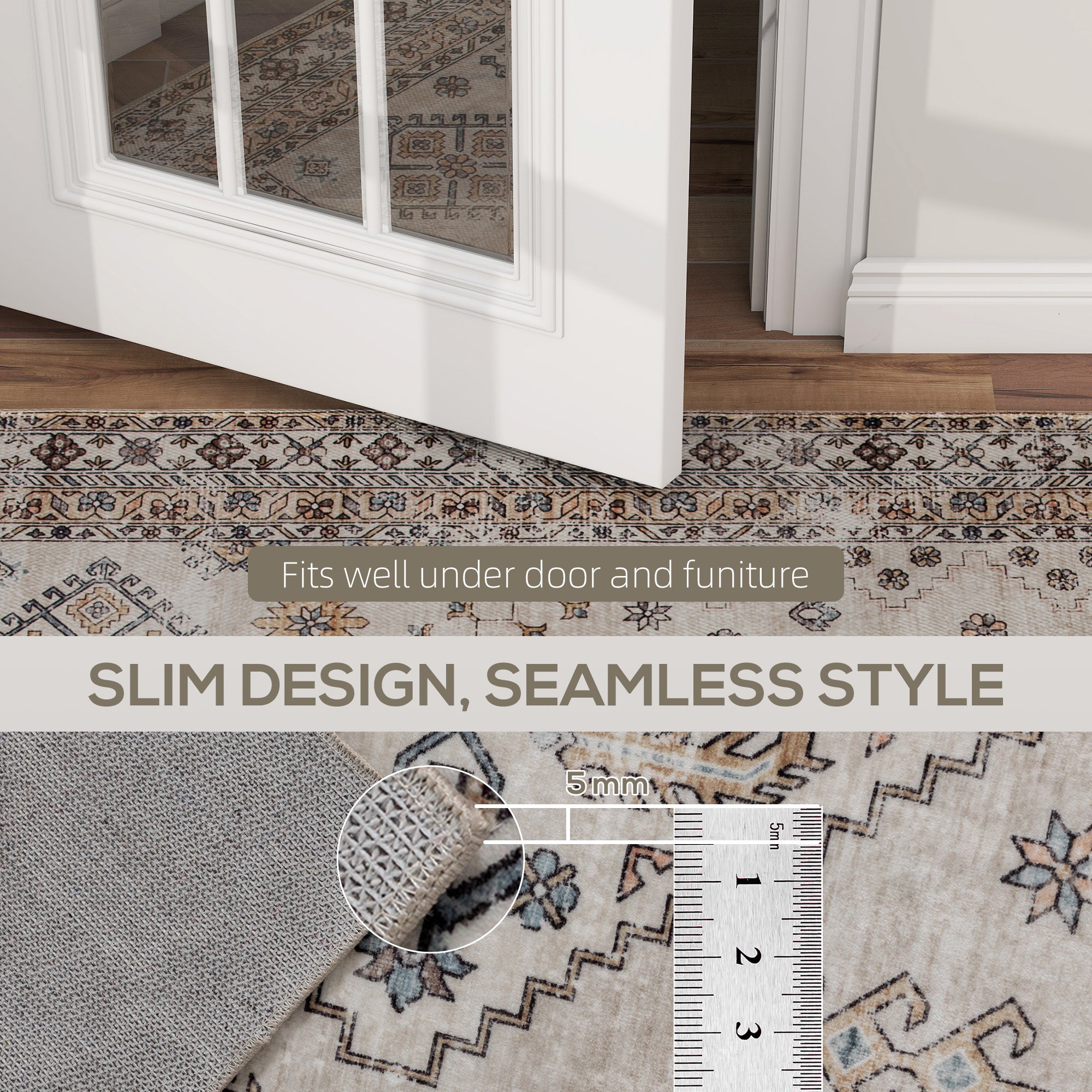 HOMCOM Vintage Area Rug, Non-Slip Washable Rug, Flannel Floor Carpet for Living Room, Bedroom, Dining Room, Home Office, 230 x 160 cm, Beige