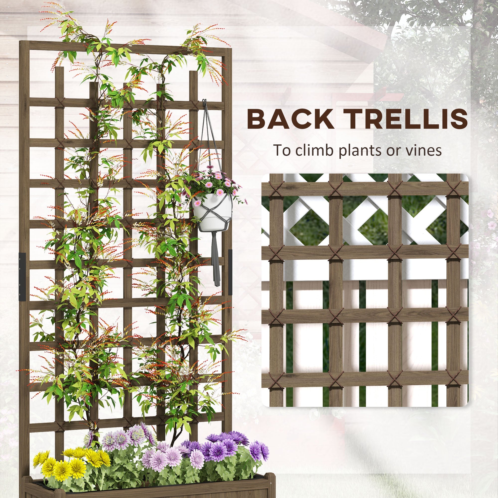 Outsunny Wooden Trellis Planter, Raised Garden Bed with Wheels, to Climb and Grow Vegetables, Herbs and Flowers, Brown