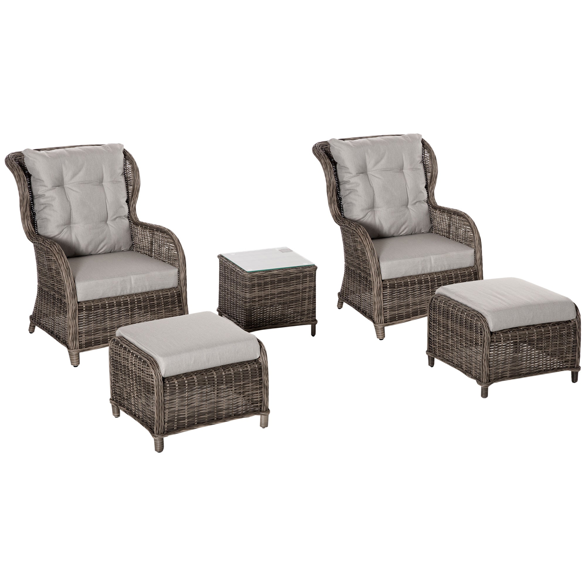 Outsunny 5 PCS Deluxe Garden Rattan Furniture Sofa Chair & Stool Table Set Patio Wicker Weave Furniture Set Aluminium Frame Fully-assembly - Brown