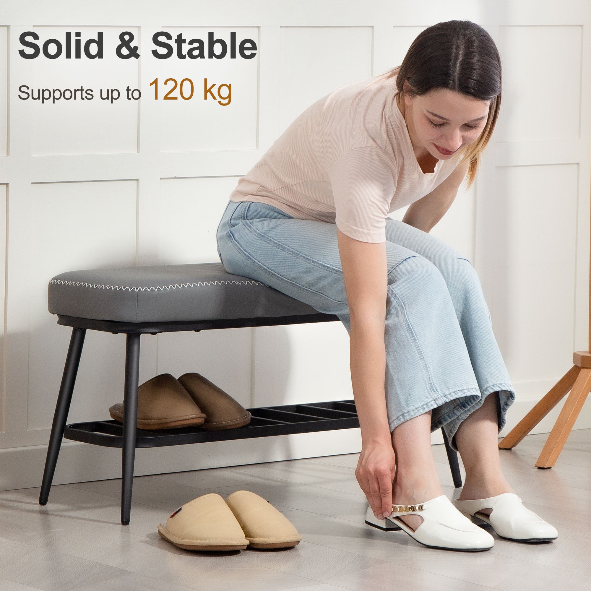 HOMCOM PU Leather Shoe Storage Bench - Grey