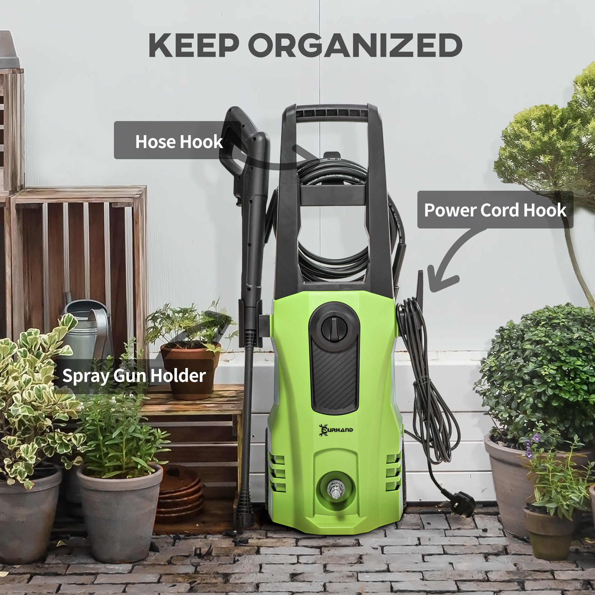 DURHAND 1800W High\'c2\'a0Pressure\'c2\'a0Washer, 150 Bar Pressure, 510 L/h Flow, High-Performance Portable Power Washer Jet Wash Cleaner with 6M Hose, Snow Foam Bottle for Garden, Car, Furniture, Green
