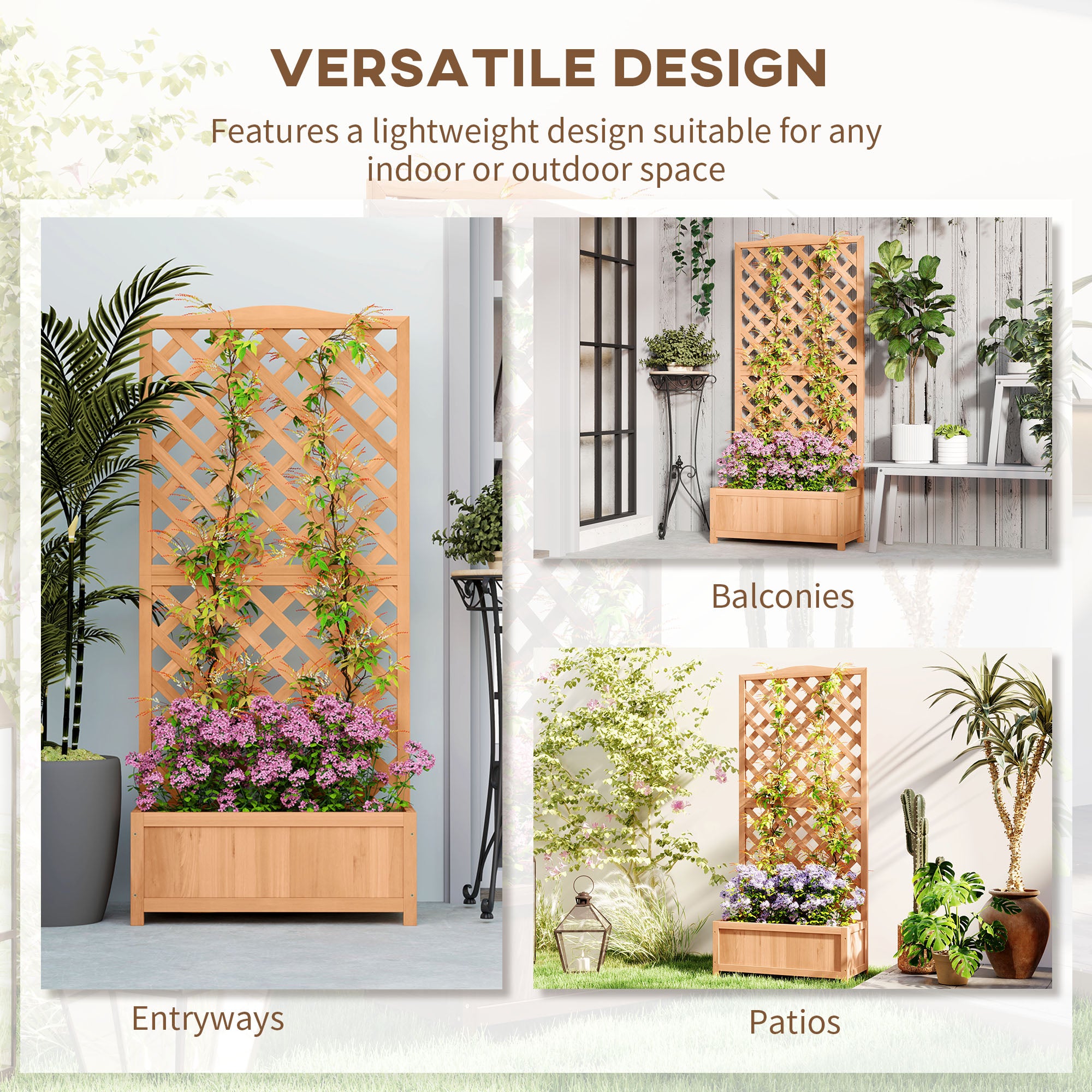 Outsunny Wooden Planter with Trellis, Freestanding Raised Bed for Garden with Lattice, Outdoor Planter Box for Climbing Plants, Vines, Flowers, 76 x 36 x 170 cm, Natural