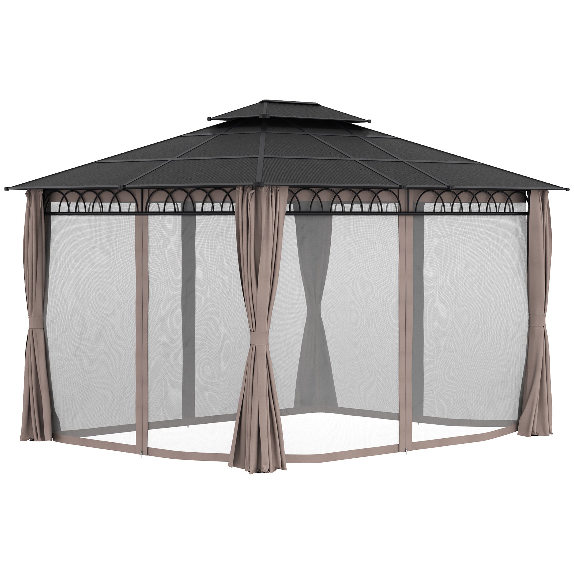 Outsunny 3.6 x 3 (m) Outdoor Polycarbonate Gazebo, Double\'c2\'a0Roof Hard Top Gazebo with Nettings\'c2\'a0&\'c2\'a0Curtains for Garden, Lawn, Patio