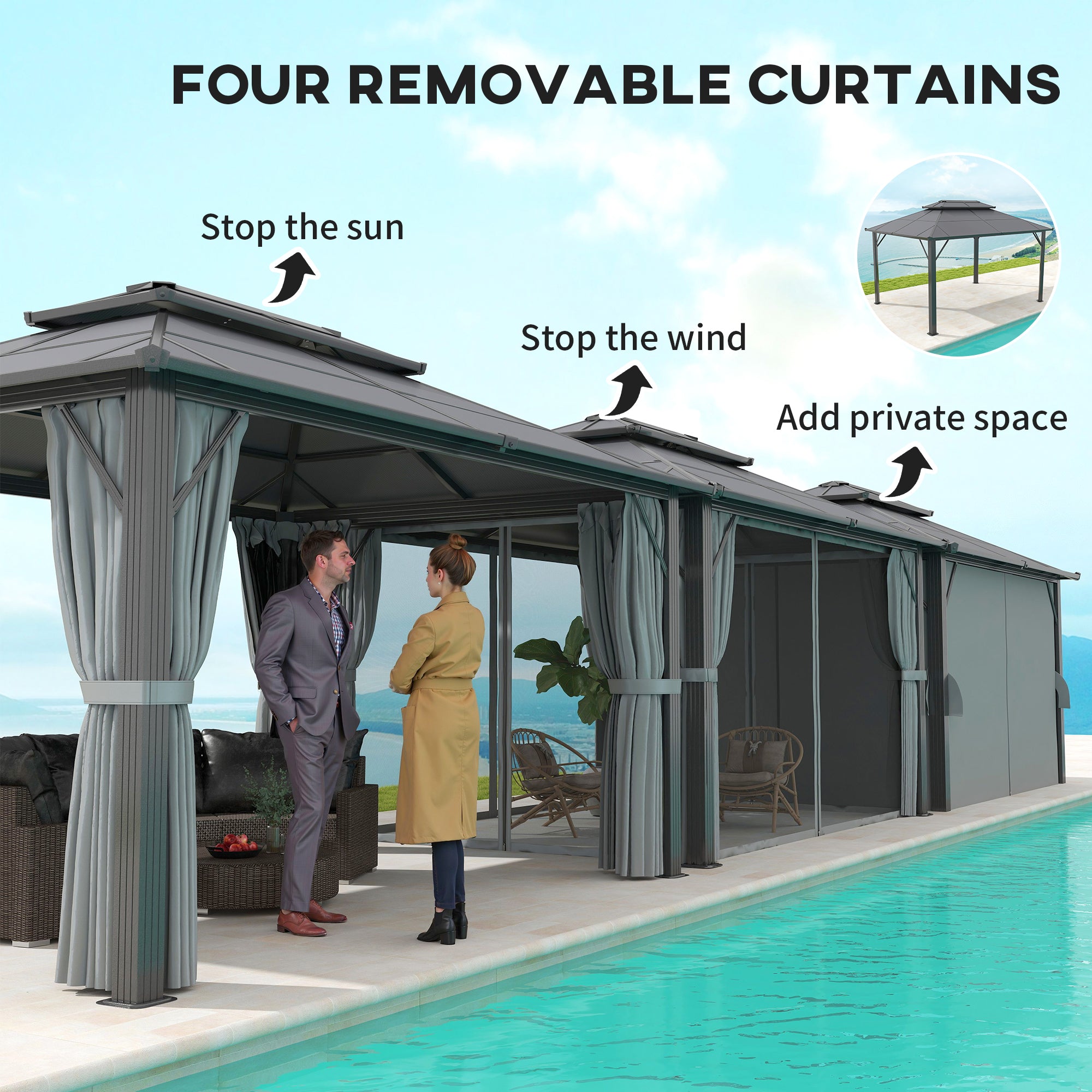 Outsunny 3 x 4m Hardtop Gazebo Canopy with UPF30+ Double Polycarbonate Roof, Aluminium Frame Garden Gazebo Permanent Pavilion with Mosquito Netting and Curtains for Patio, Deck, Grey