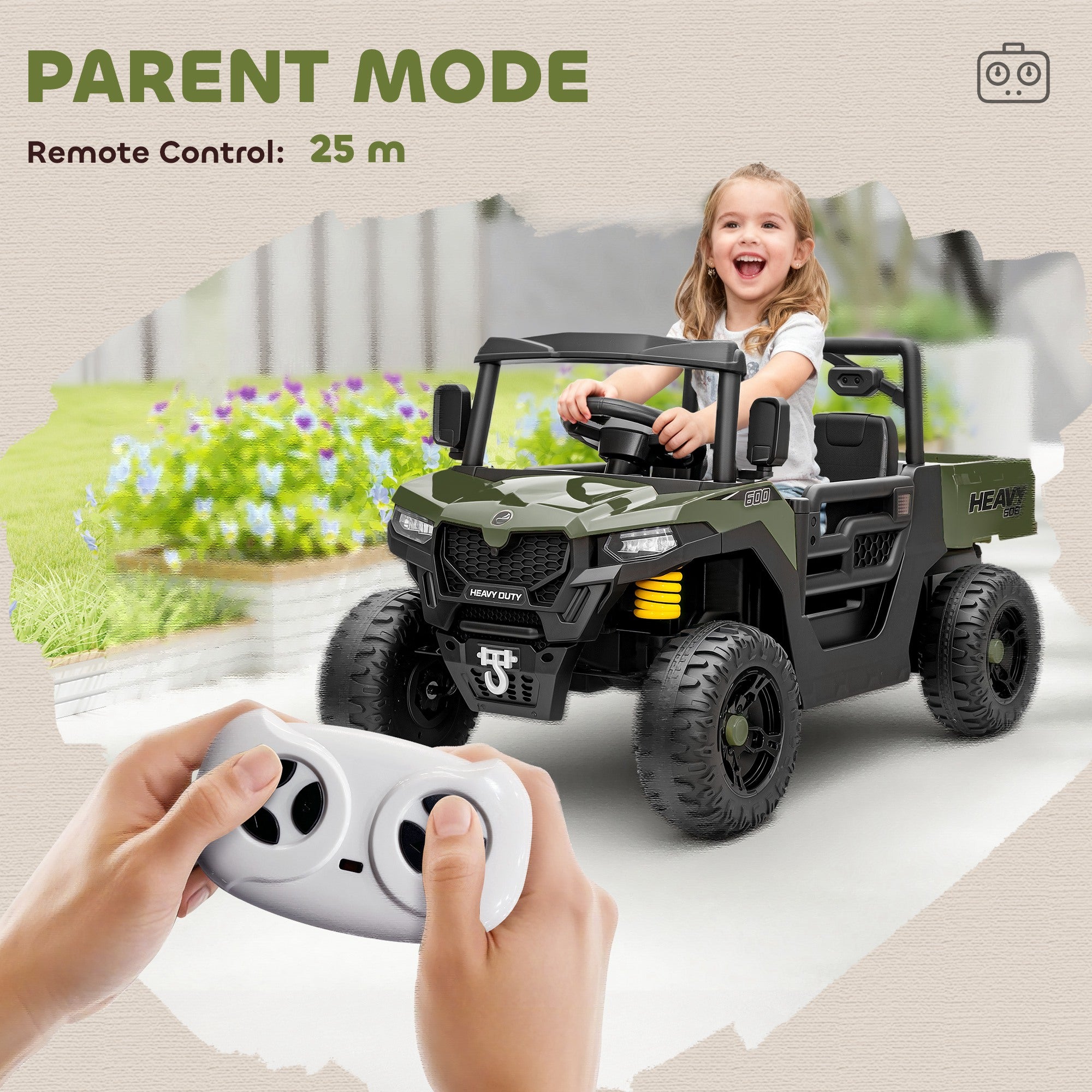 AIYAPLAY Kids Ride on Car, 12V Electric Kids UTV with Electric Dump Bed, 4-Wheel Suspension for 3-8 Years, Green