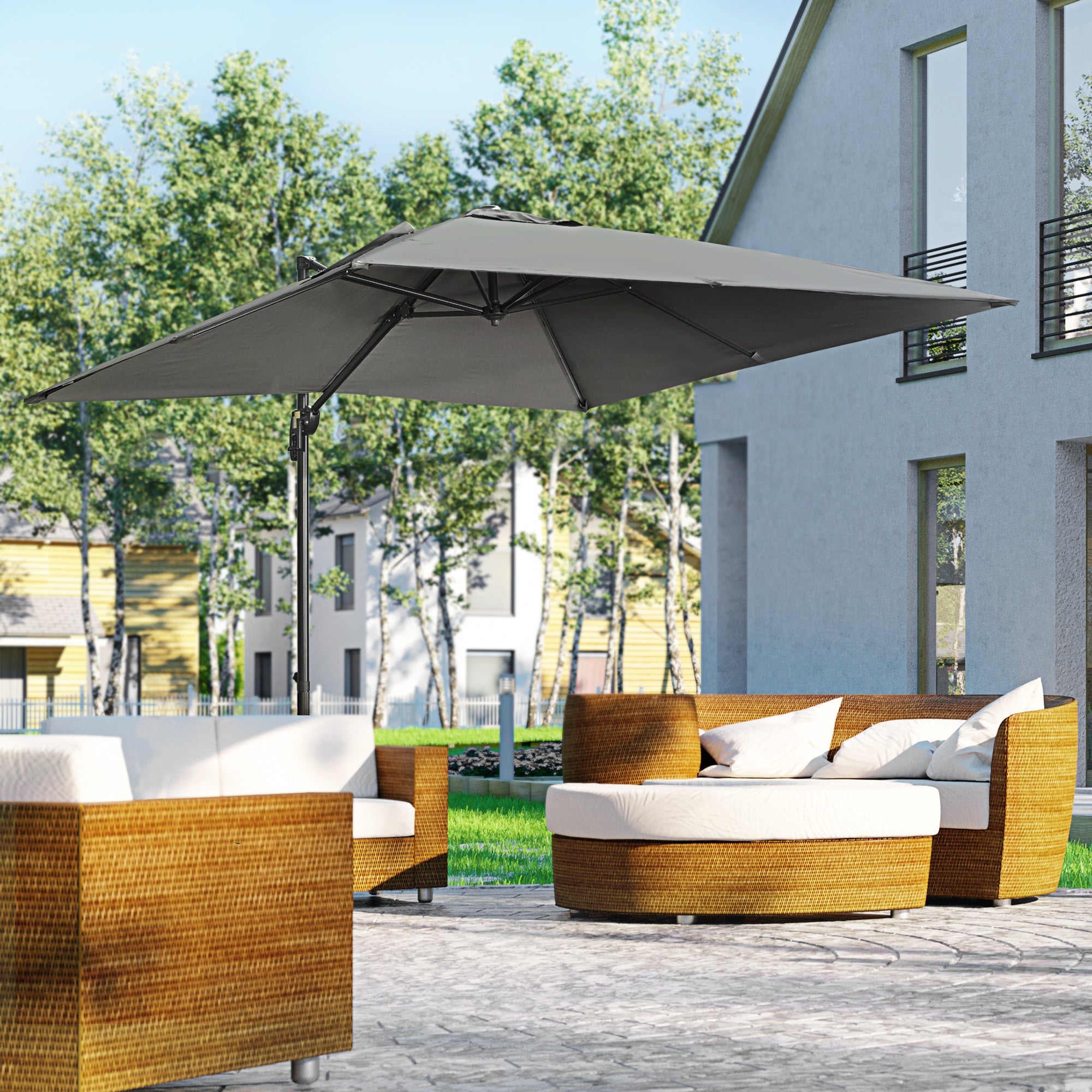 Outsunny 2.7 x 2.7 m Cantilever Parasol, Square Overhanging Umbrella with Cross Base, Crank Handle, Tilt, 360\'c2\'b0 Rotation and Aluminium Frame, Dark Grey