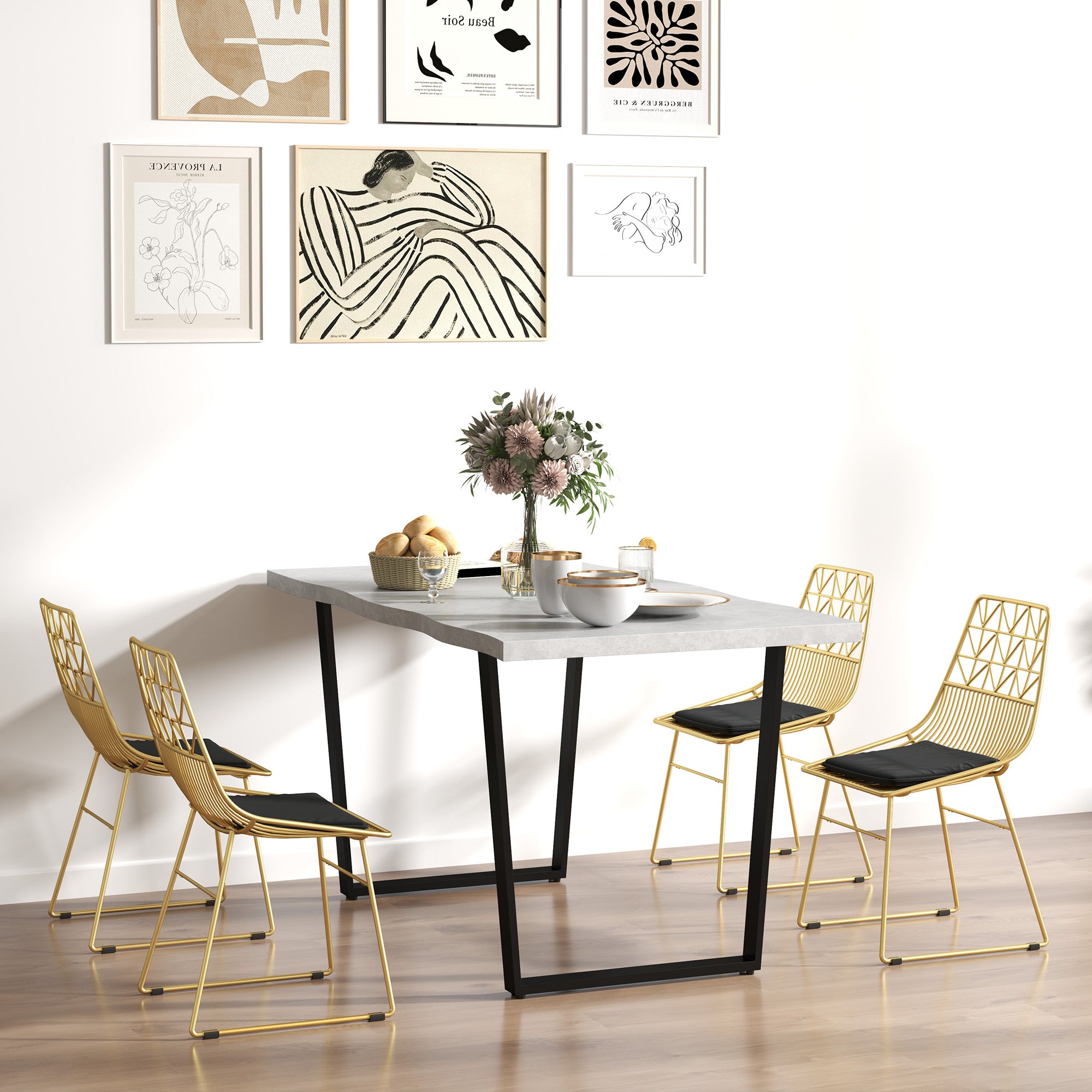 HOMCOM Luxurious Dining Chairs Set of 4, Metal Wire Kitchen Chair with Removable Velvet-feel Cushion, Cut-out Back and Steel Frame for Dining Room, Gold Tone