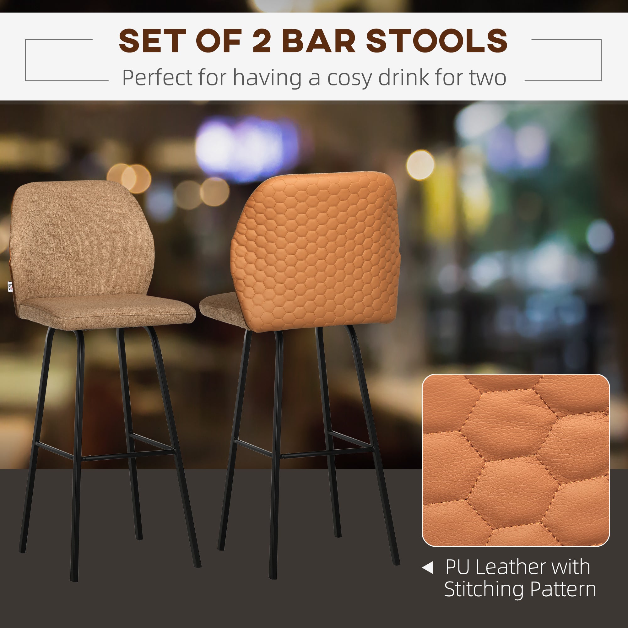 HOMCOM Bar Stools Set of 2, Linen-Touch Upholstered Bar Chairs, Kitchen Stools with Backs and Steel Legs for Dining Room, Light Brown
