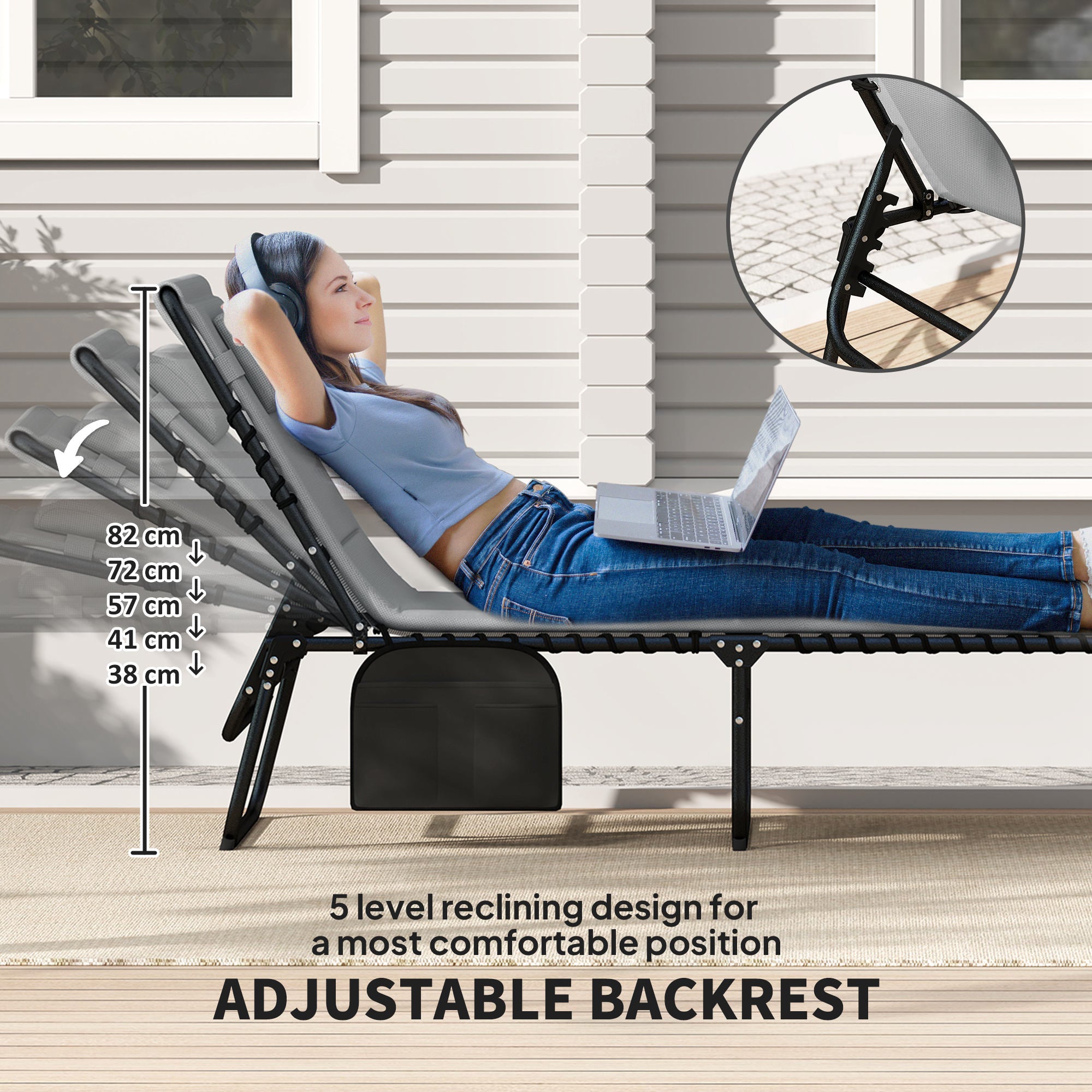 Outsunny Folding Sun Loungers Set of 2, Recliner Garden Chairs with Quick Drying Pad Headrest Side Pocket, Garden Sun Loungers for Beach Pool, Charcoal Grey