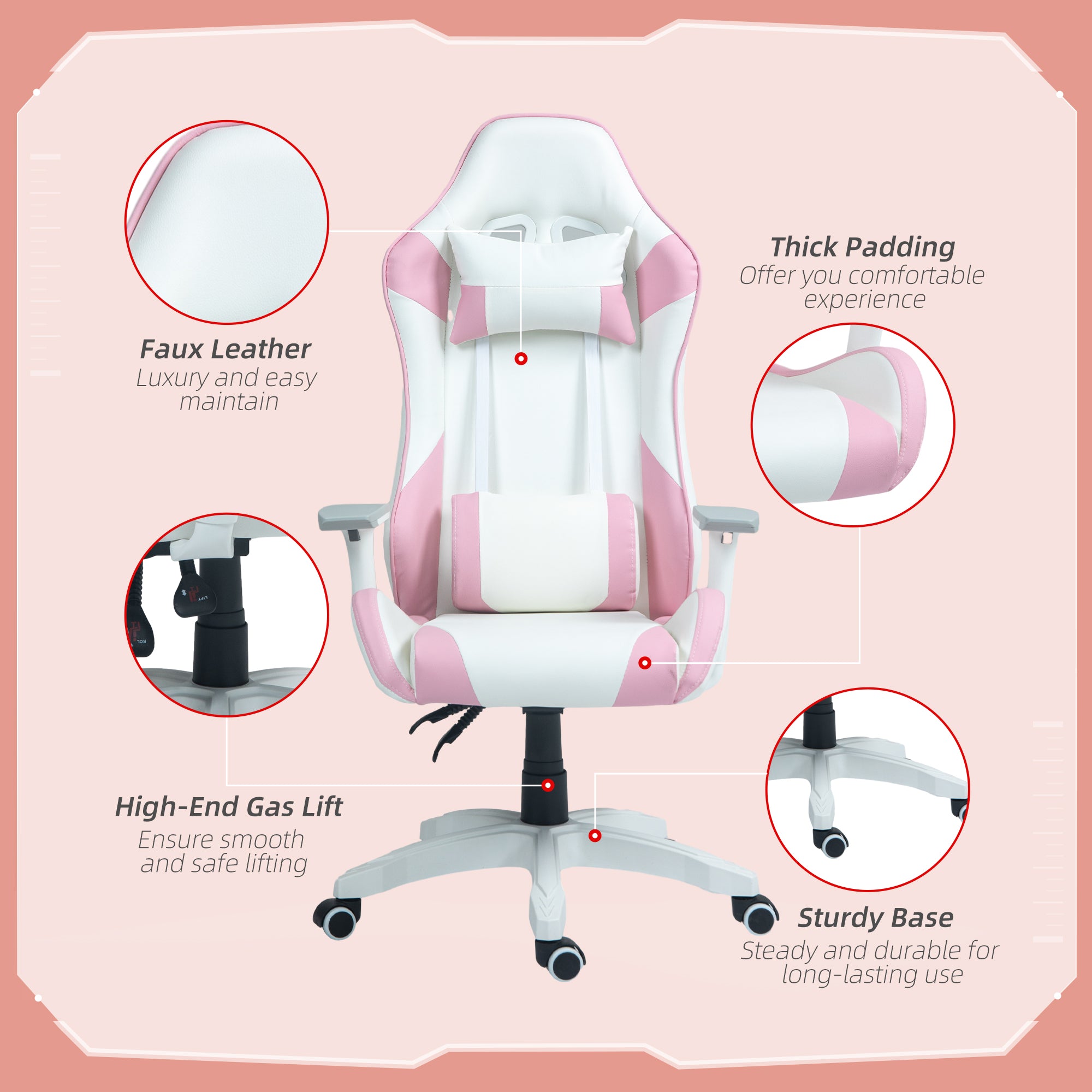 HOMCOM Faux Leather Colour Block Gaming Chair, with 135\'c2\'b0 Reclining Back - Pink/White
