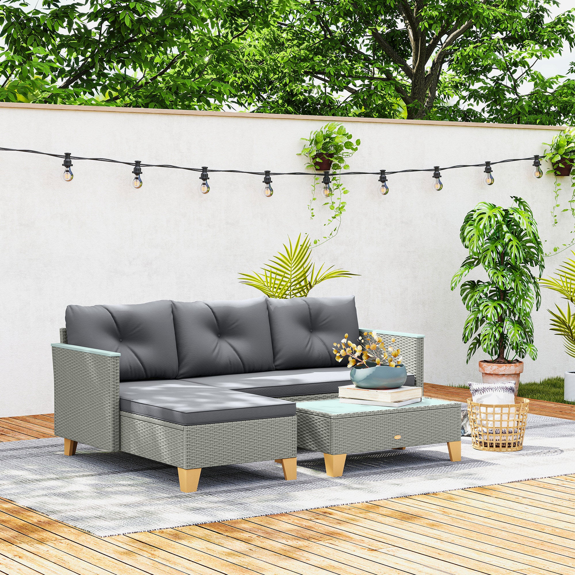 Outsunny 3 Pieces Rattan Garden Furniture Set, L Shaped Garden Conversation Chaise Lounge Furniture with Wood Top Coffee Table and Thick Cushions, Charcoal Grey
