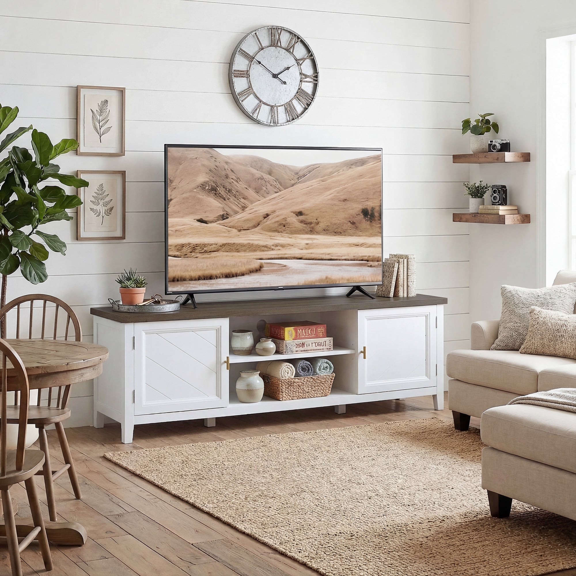 HOMCOM TV Unit for TVs up to 42 Inch, Farmhouse Entertainment Centre with 2 Open Shelves, 2 Cabinets and Thick Top