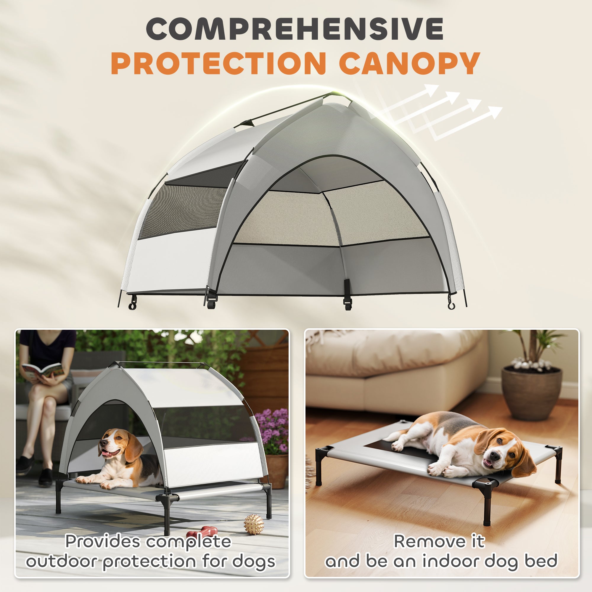 PawHut Portable Elevated Dog Bed with Removable Canopy, Cooling Raised Pet Cot for Small Medium Dogs, 76 x 61 x 60 cm