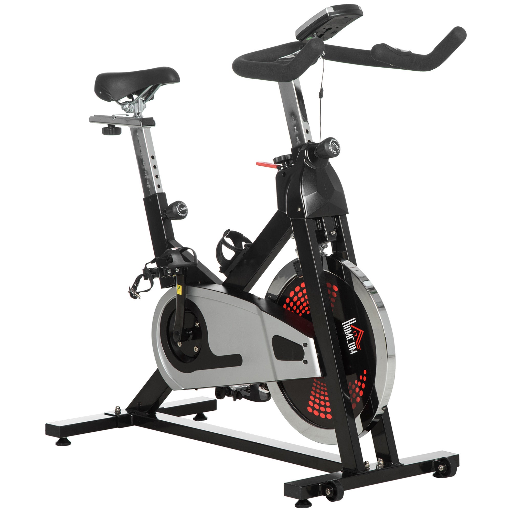 HOMCOM Indoor Exercise Bike, Stationary Bike, Cycling Machine with Adjustable Seat & Resistance, Wheels, 18kg Flywheel, Cup Holder and LCD Monitor