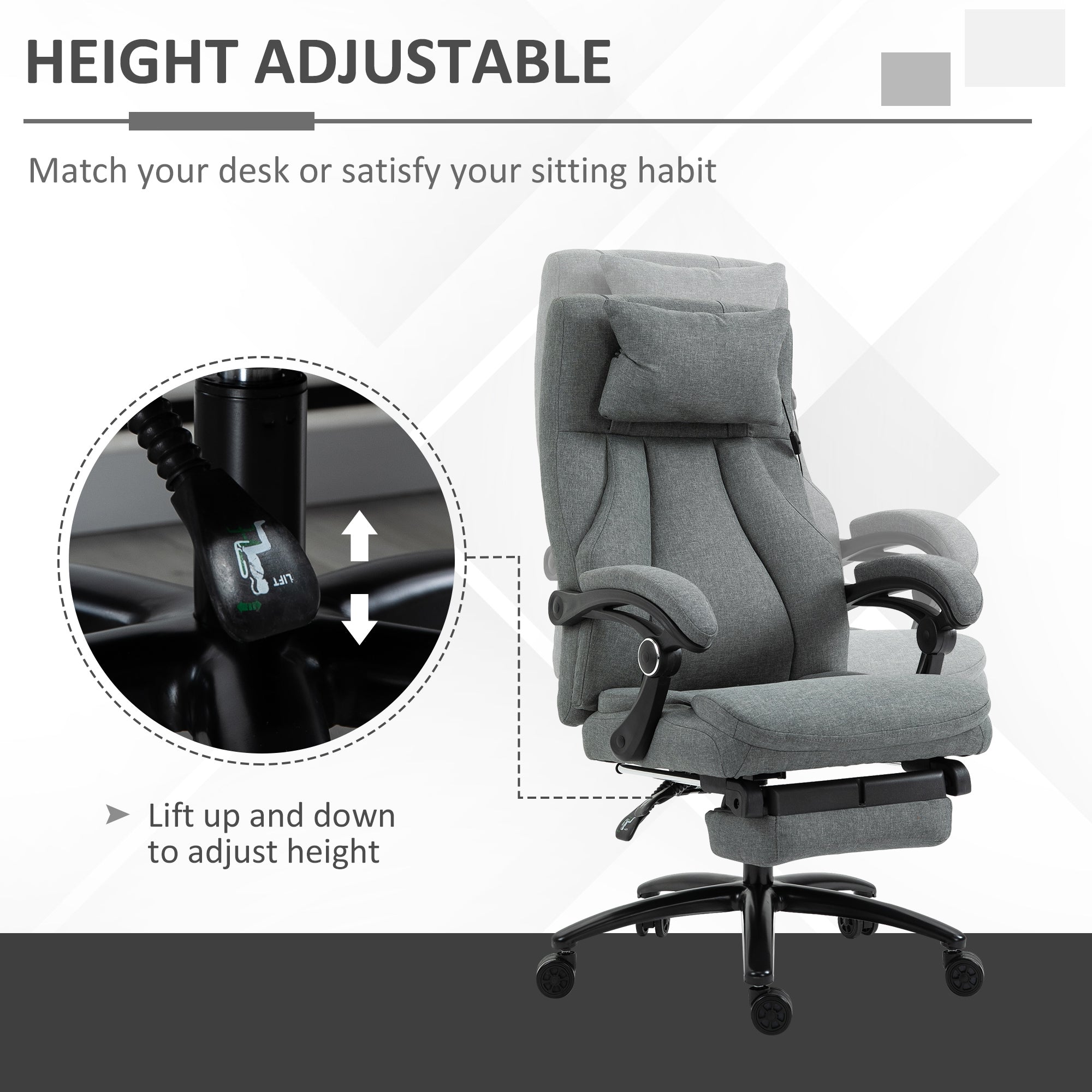 Vinsetto Office Chair, Fabric Desk Chair with Adjustable Massage Pillow, USB Power and Retractable Footrest, High Back, 360\'c2\'b0 Swivel, for Home, Grey