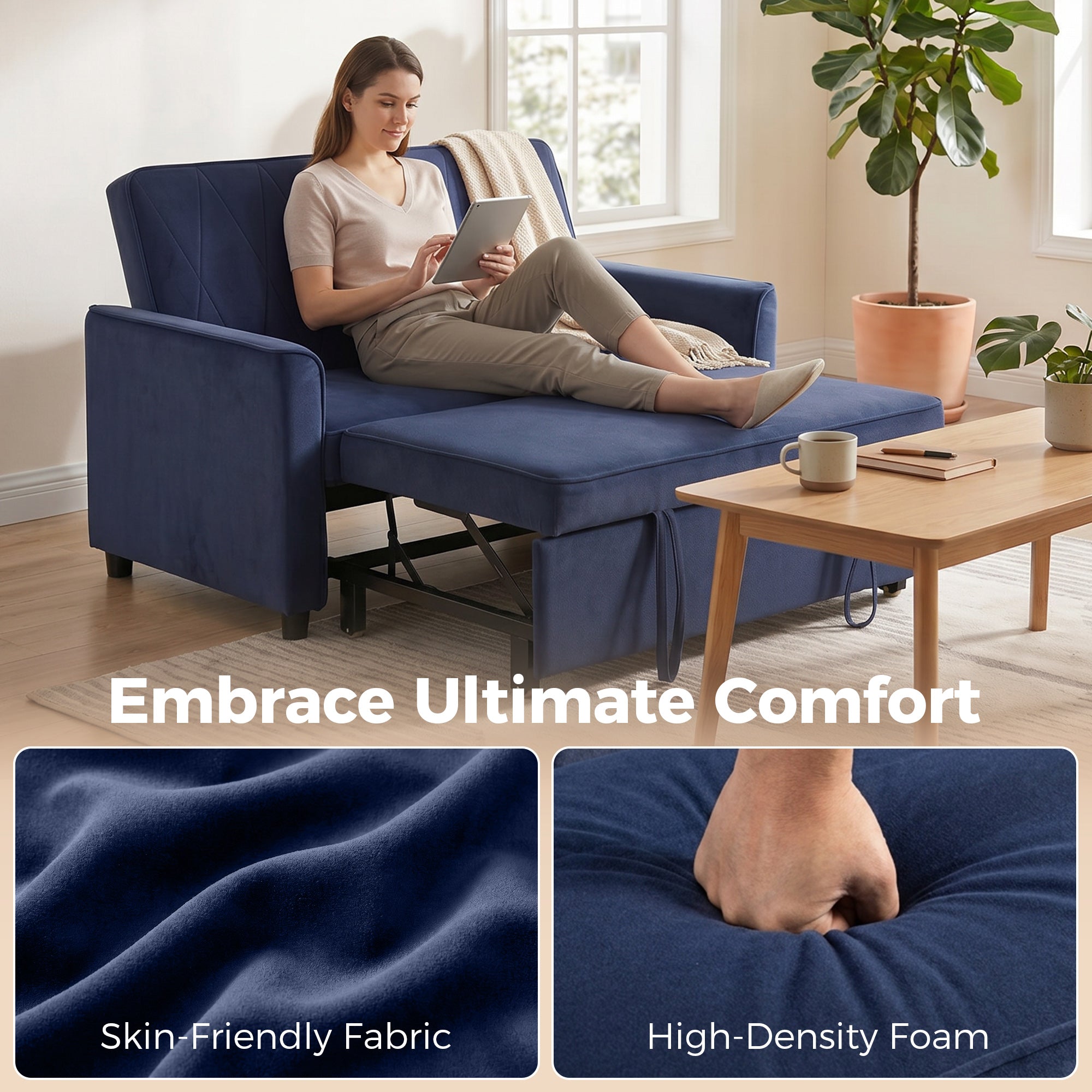 HOMCOM 2 Seater Sofa Bed, 3-in-1 Convertible Pull Out Sleeper Sofa with Clik-Clack Adjustable Backrest, Dark Blue