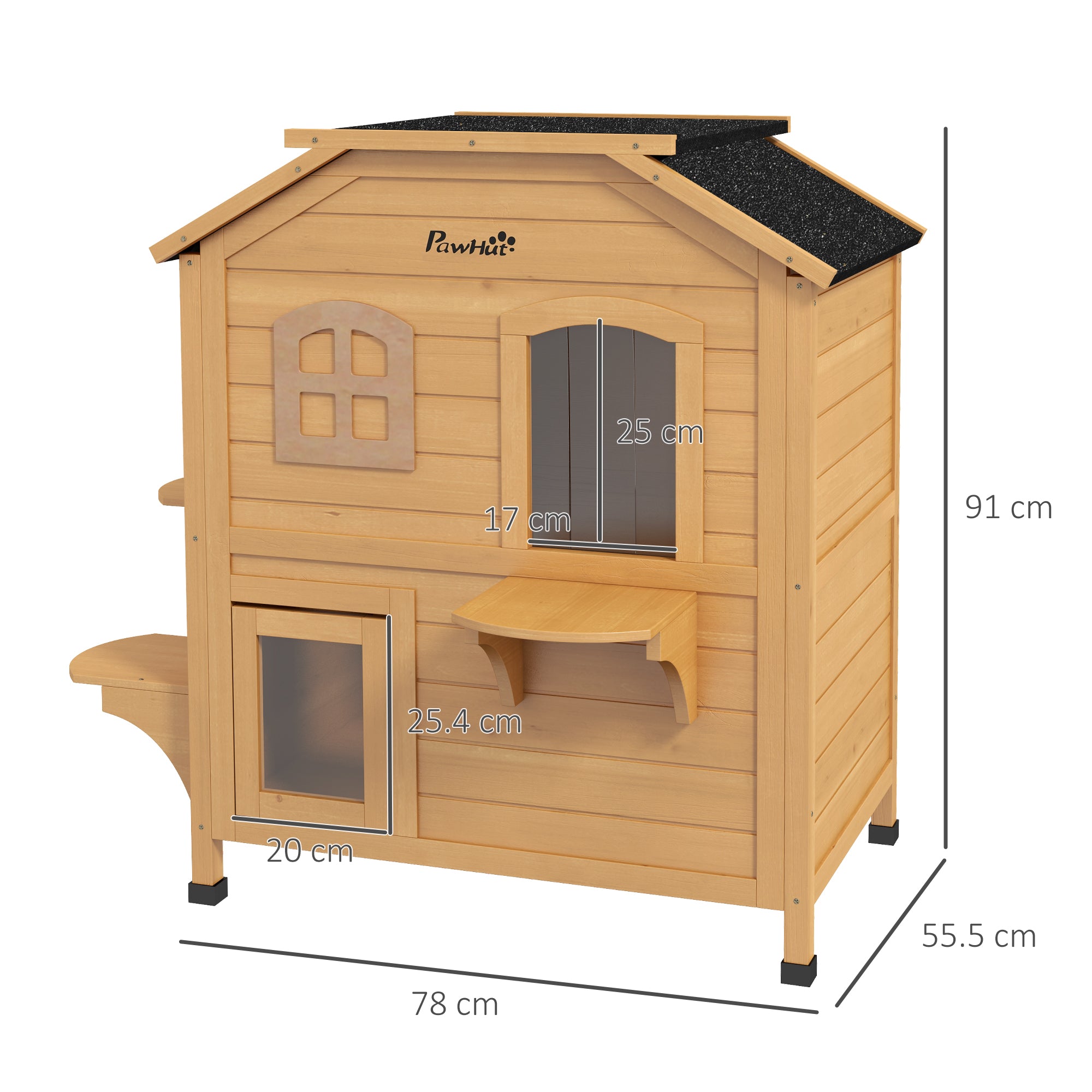PawHut\'c2\'a02-story Cat House Outdoor, Weatherproof\'c2\'a0Wooden Cat Enclosure for Feral Cats with Escape Door, Openable Roof, Jumping Platforms, Natural Wood Finish