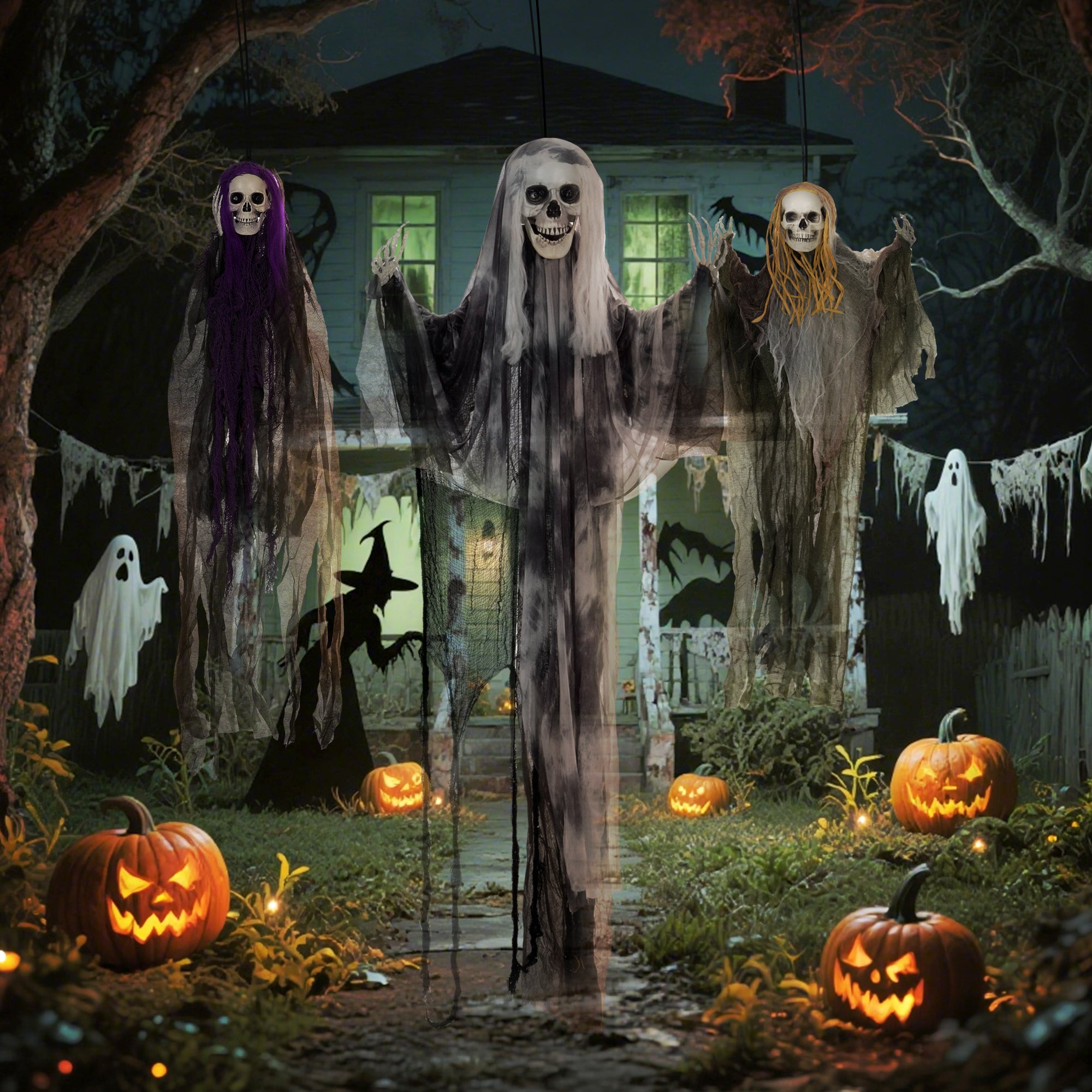 HOMCOM Set of 3 Hanging Skeleton Halloween Decorations, Scary Flying Ghost for Garden, Party, 90/110/170cm